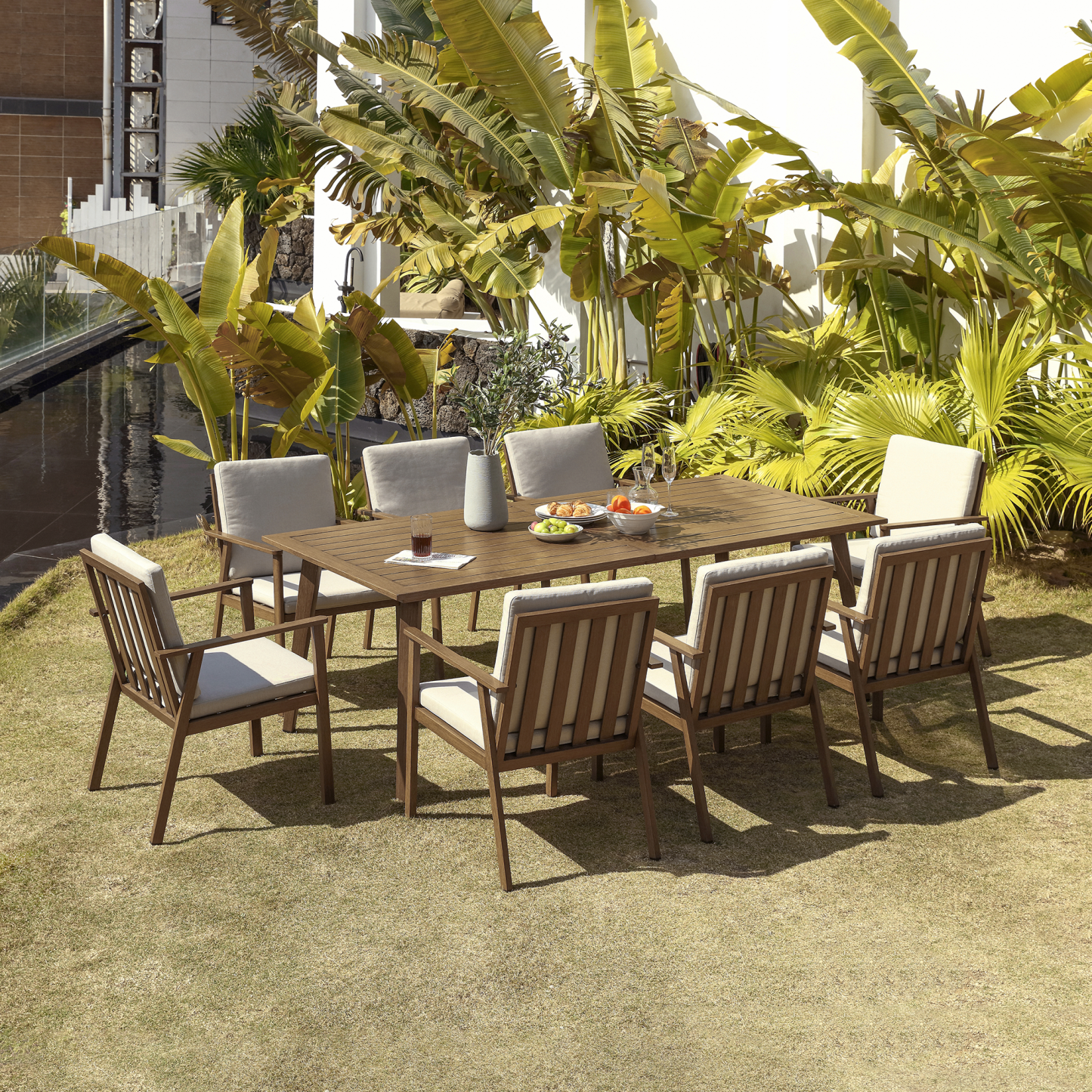 Outdoor wooden dining set with 6 chairs and cushioned seats - Seehill