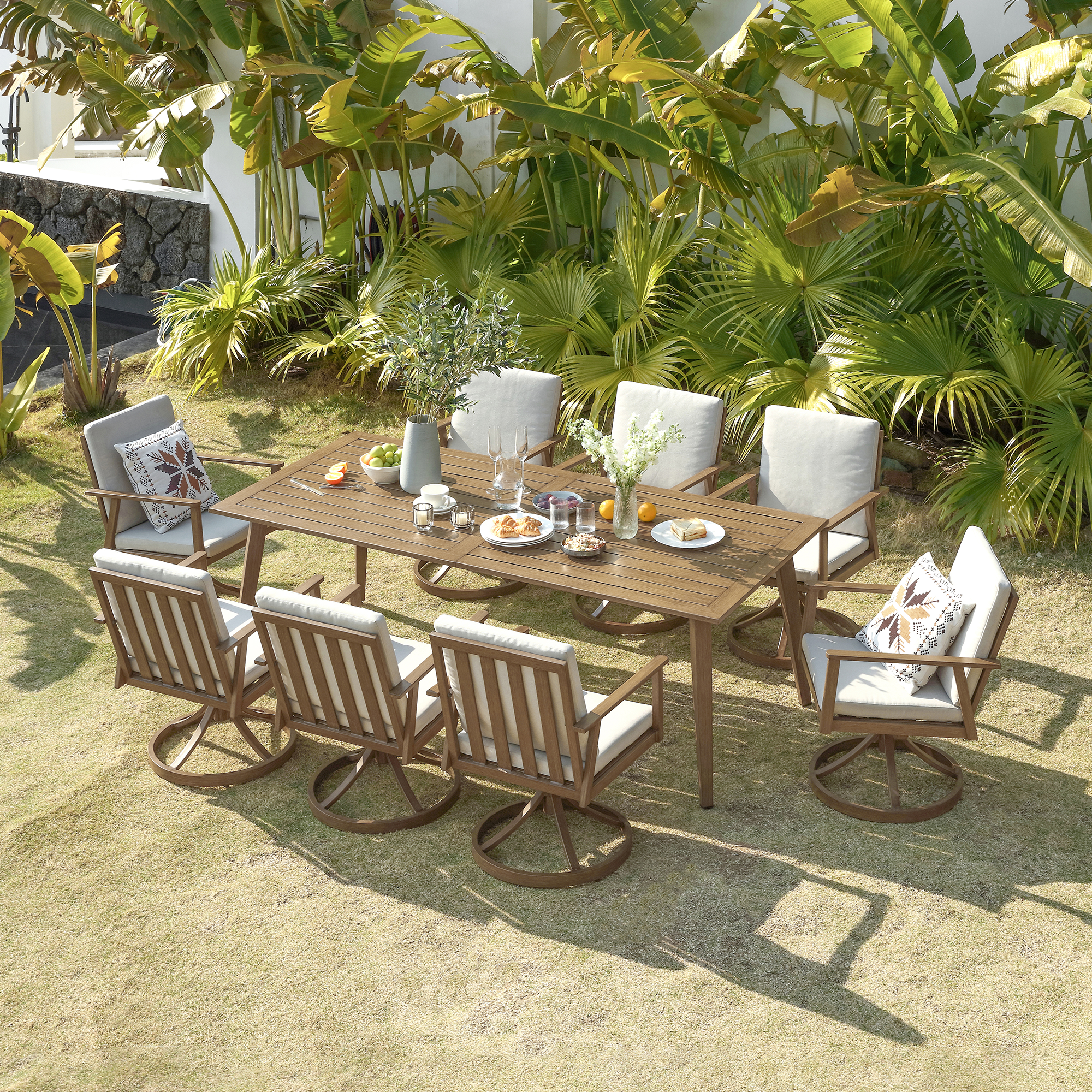 Outdoor wooden dining set with 8 cushioned chairs and table - Seehill