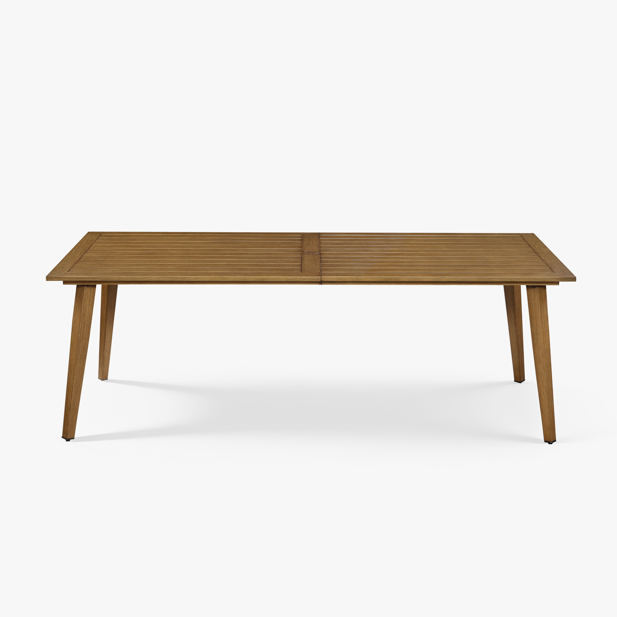 Highlighting the modern teak dining table with slatted top and tapered legs of this refined Person collection. - Seehill