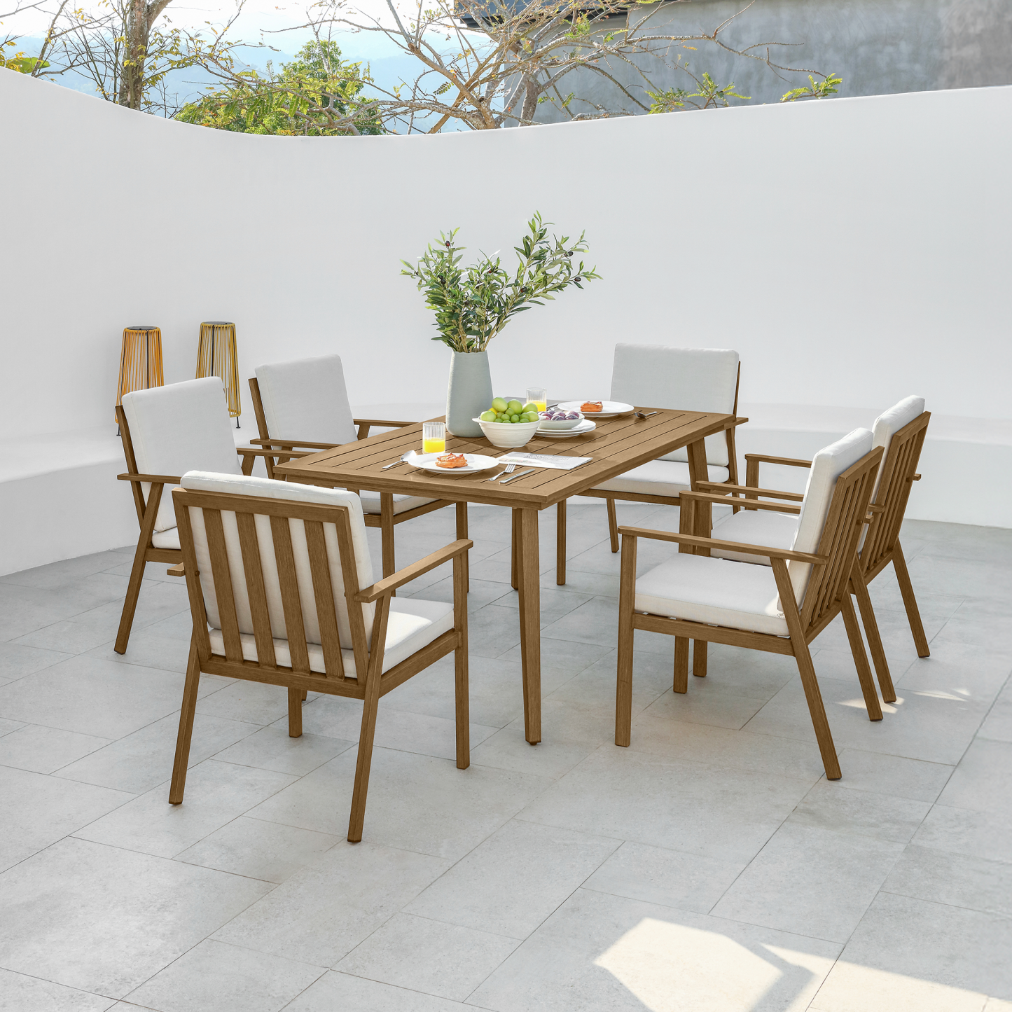 Modern teak outdoor dining set with white cushions - Seehill