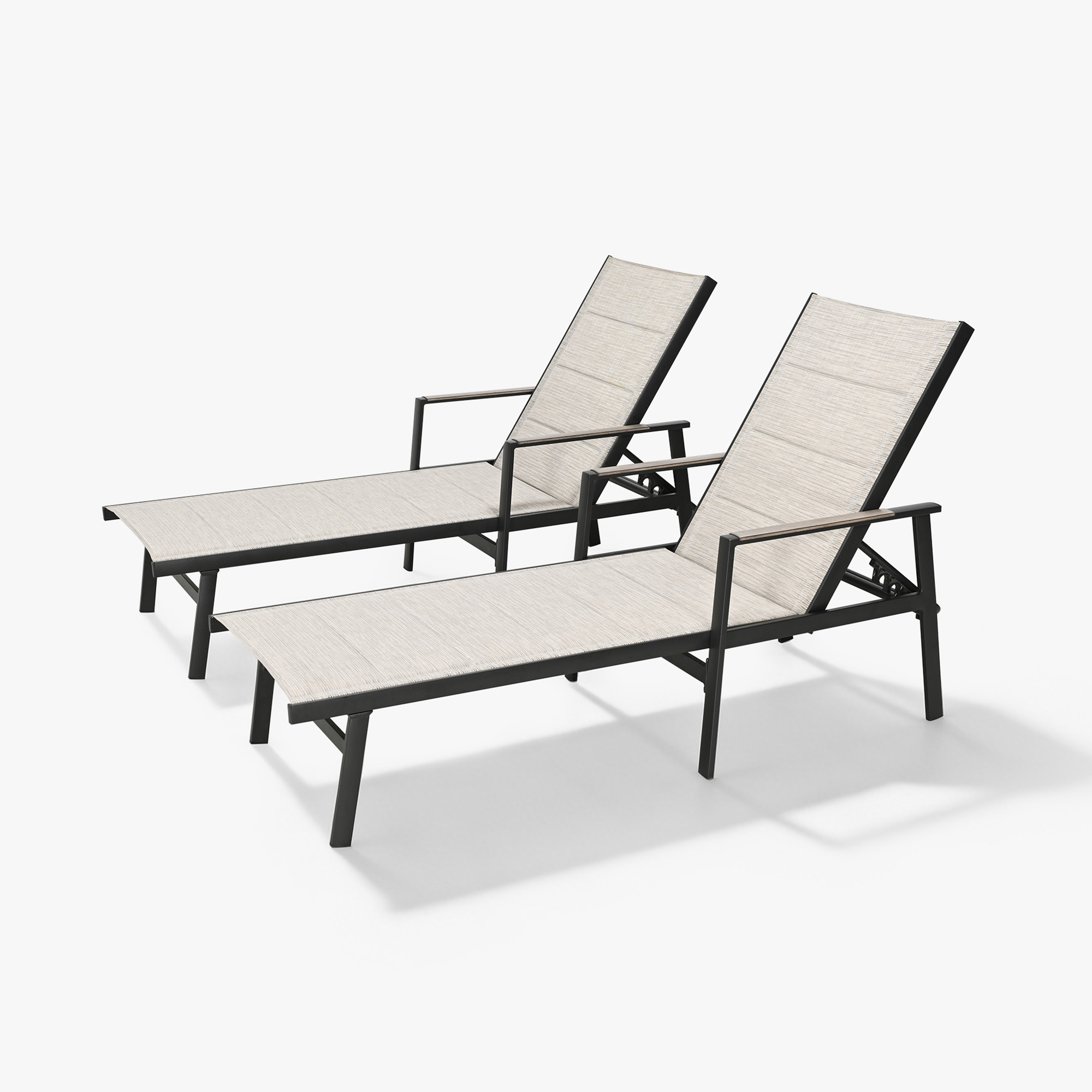 Experience modern outdoor lounge chairs with beige fabric and black frames in our sophisticated collection. - Seehill