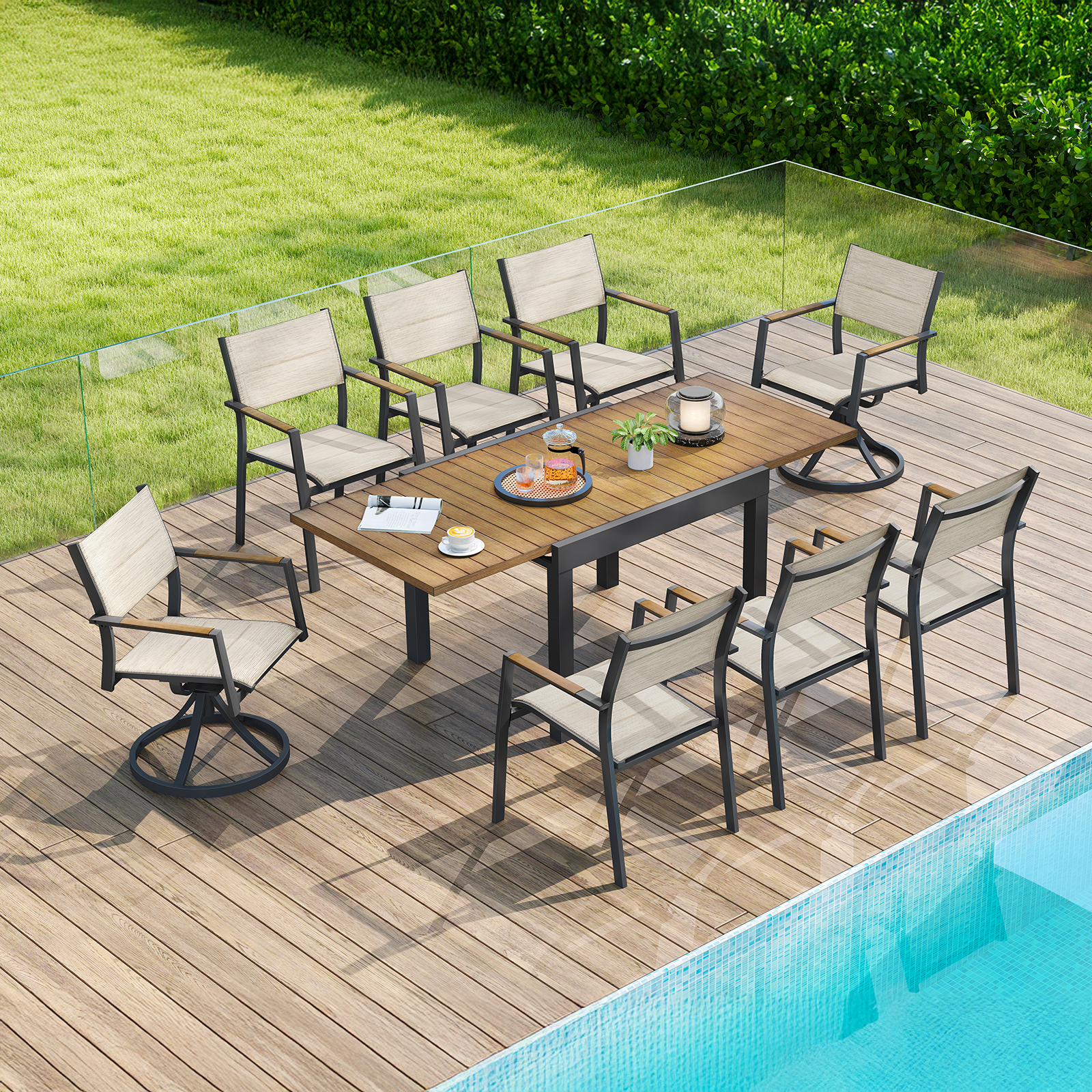 9-piece Extendable Outdoor Dining Set with Swivel Chairs for 8 person- DS065-2
