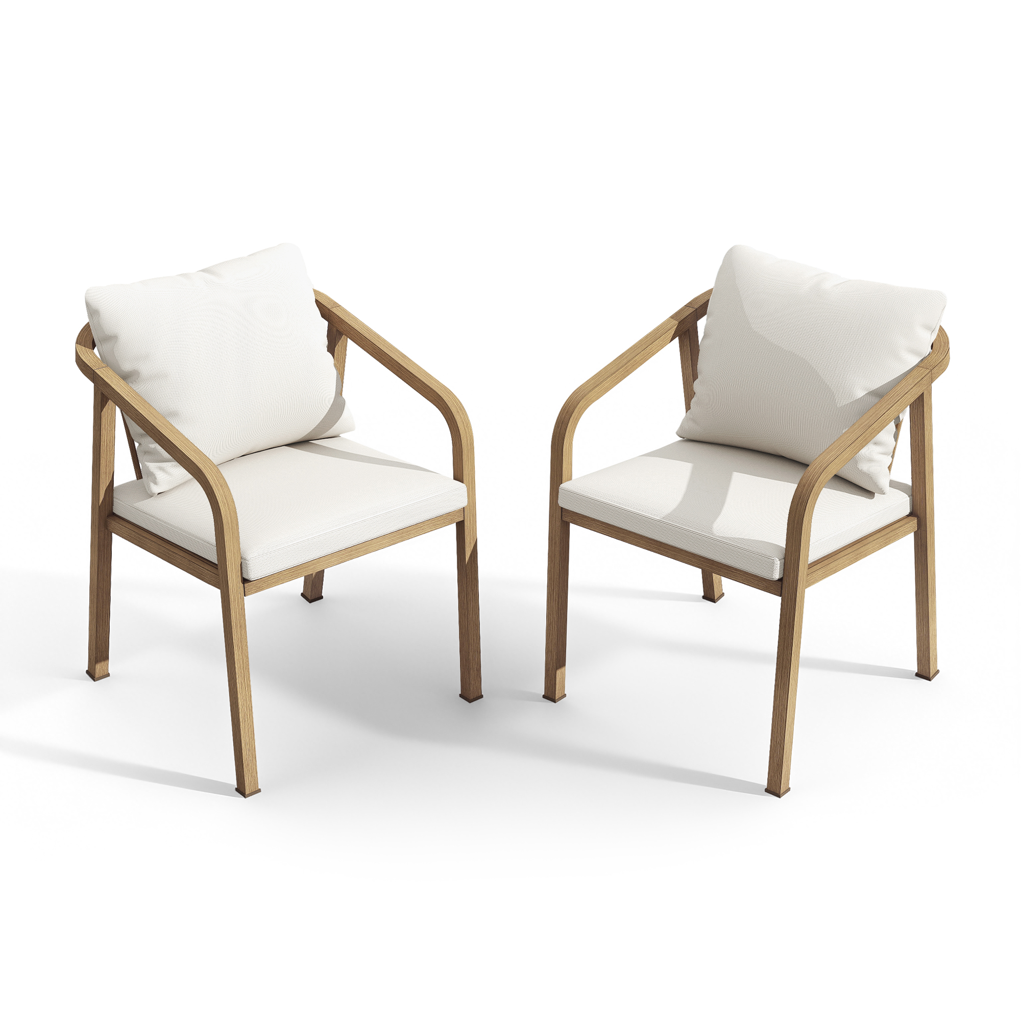 Outdoor dining chairs with curved wooden frames and white cushions on white background-Seehill