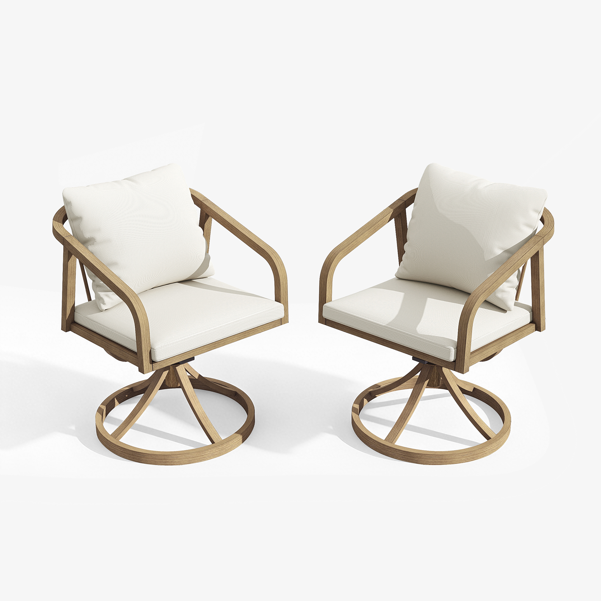 Two wooden swivel outdoor dining chairs with white cushions and wrap design-Seehill
