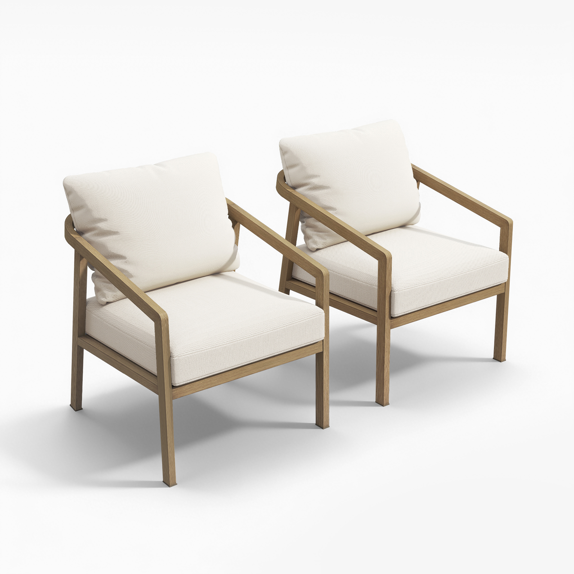 Highlighting the two modern beige cushioned armchairs with black metal frames, ideal for outdoor use. - Seehill
