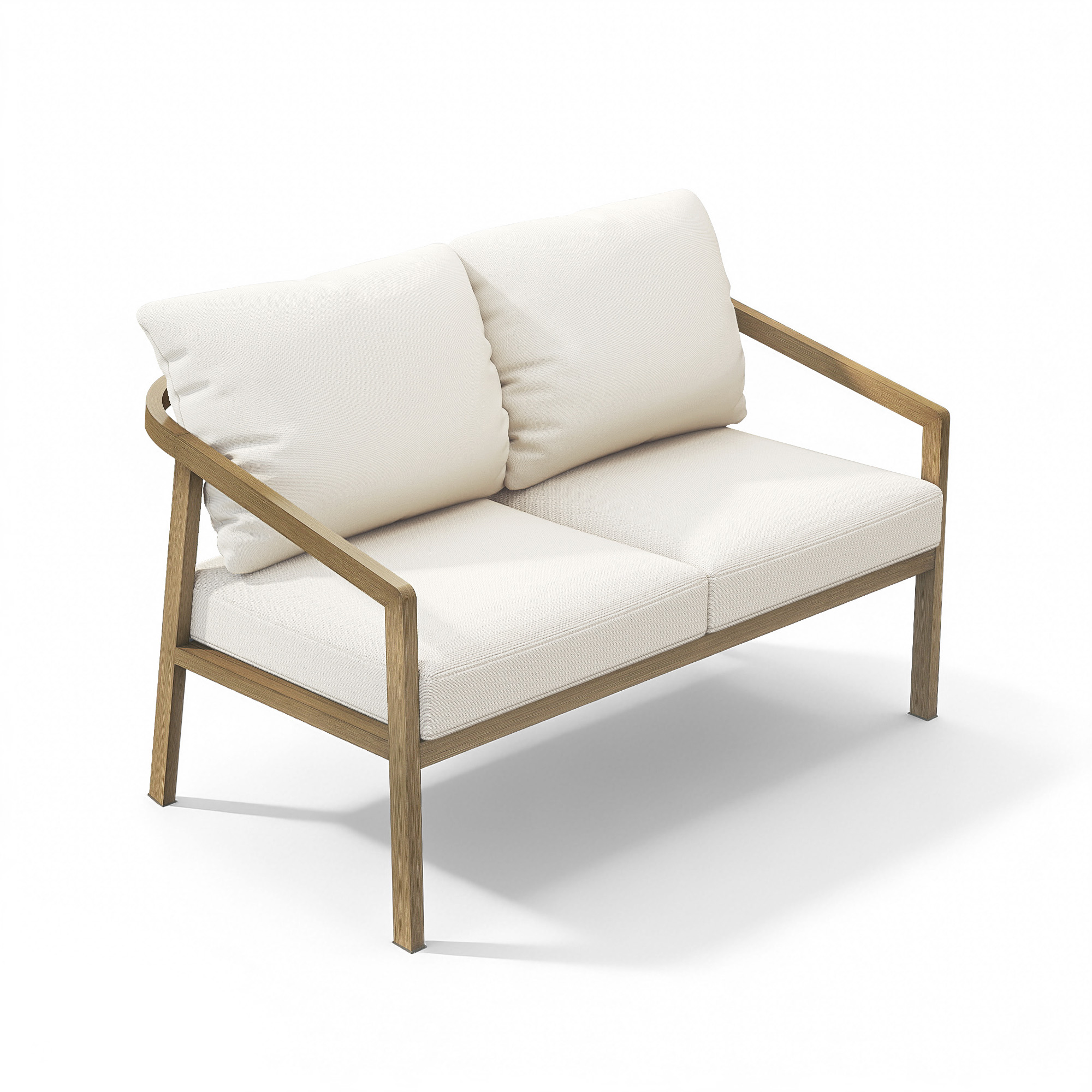 Two-seater outdoor loveseat with wooden frame and white cushions on a white background-Seehill