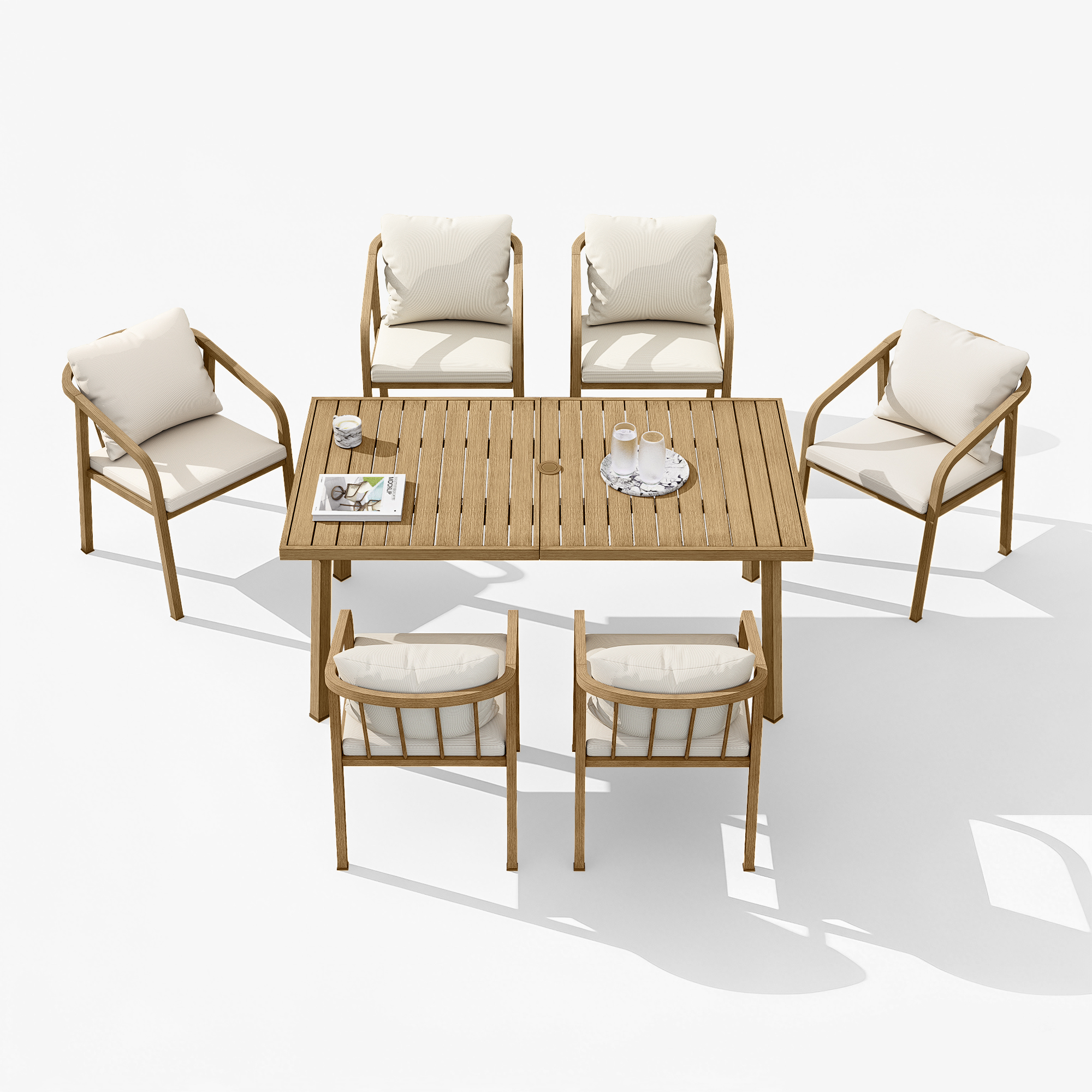 Wooden patio dining set with cushioned chairs and a rectangular table on white background be-Seehill