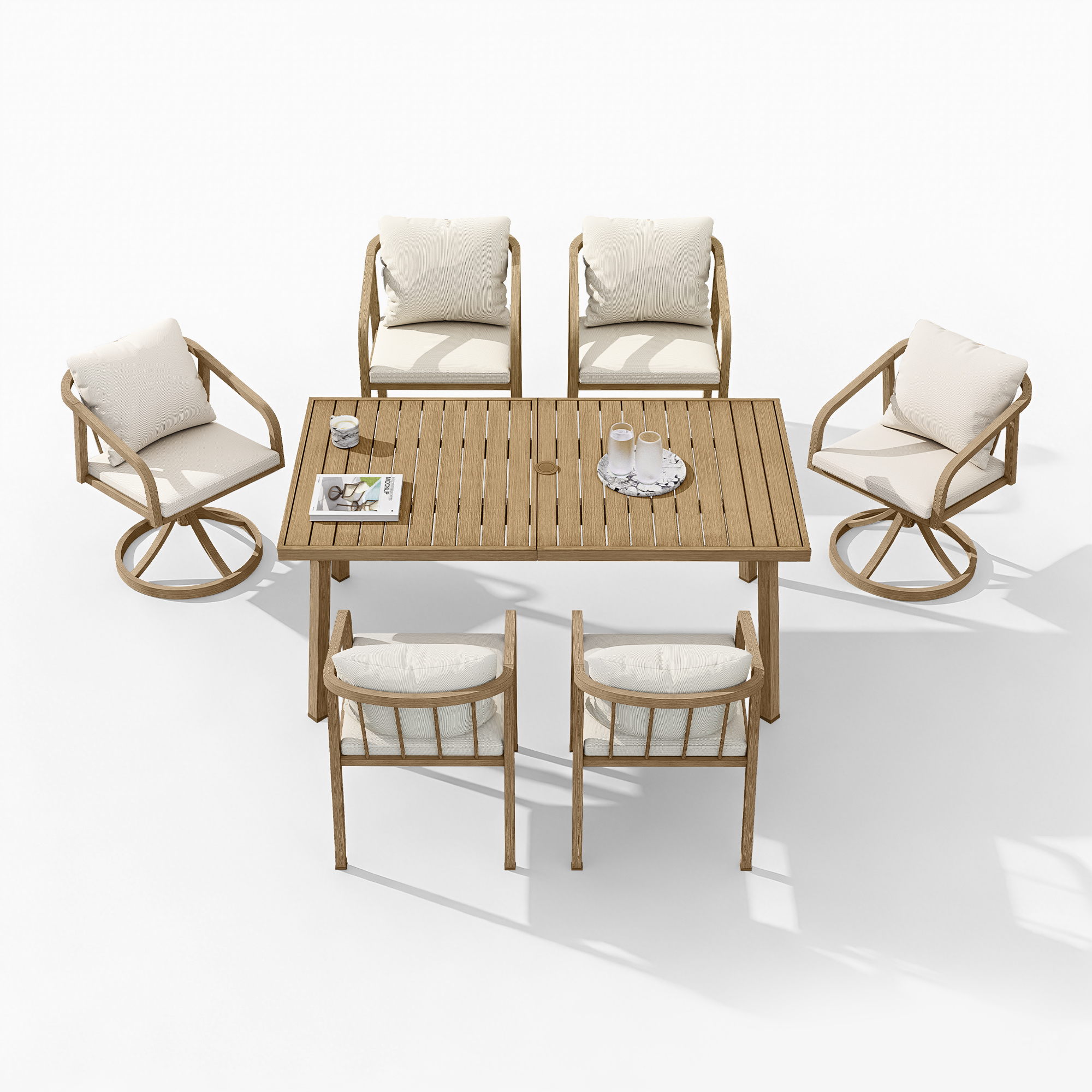 Seven-piece patio dining set with cushioned chairs and swivel seats on white background-Seehill