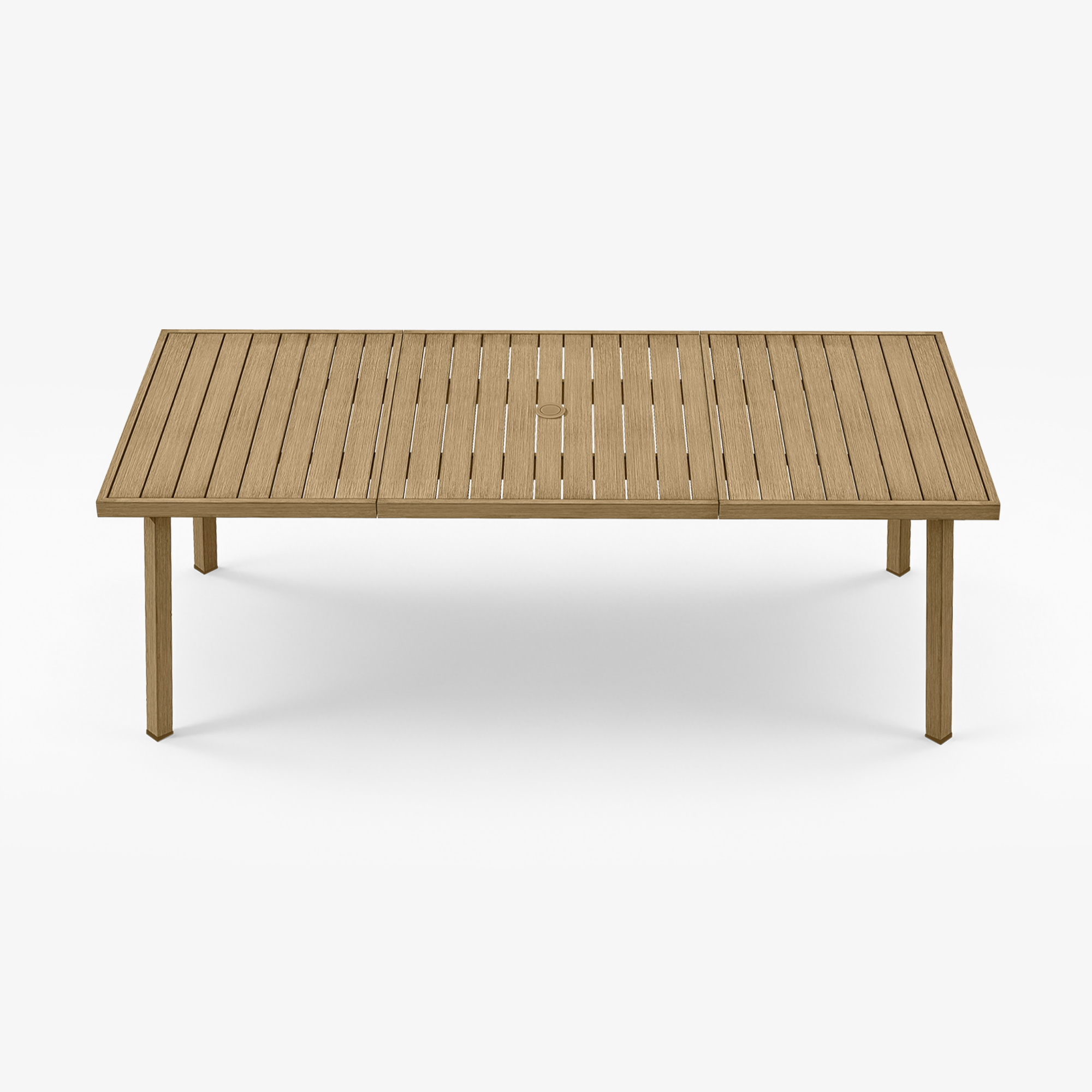 Rectangular wooden patio table with umbrella hole designed to seat eight people comfortably -Seehill
