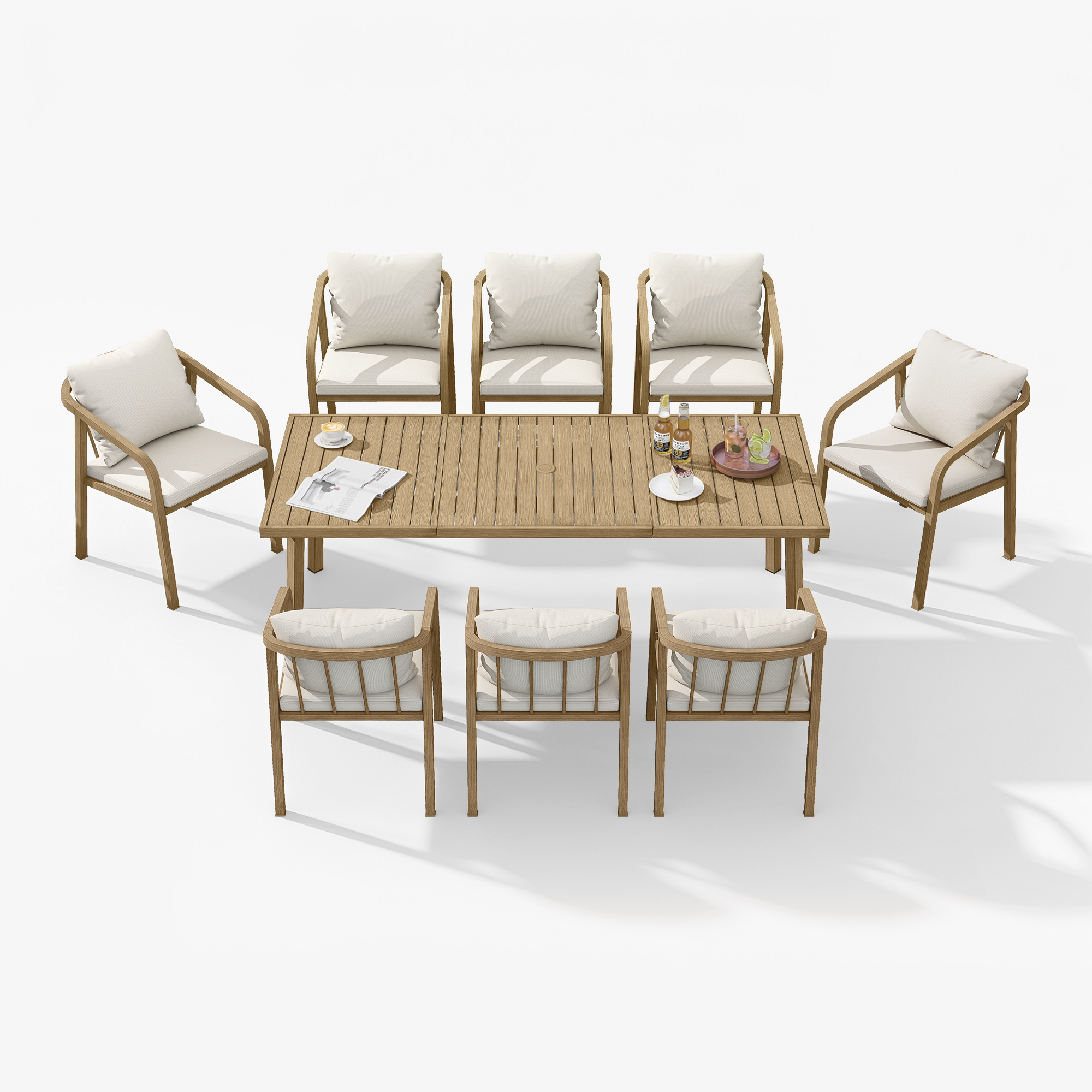 Outdoor dining set with cushioned chairs and wooden table arranged on white background-Seehill