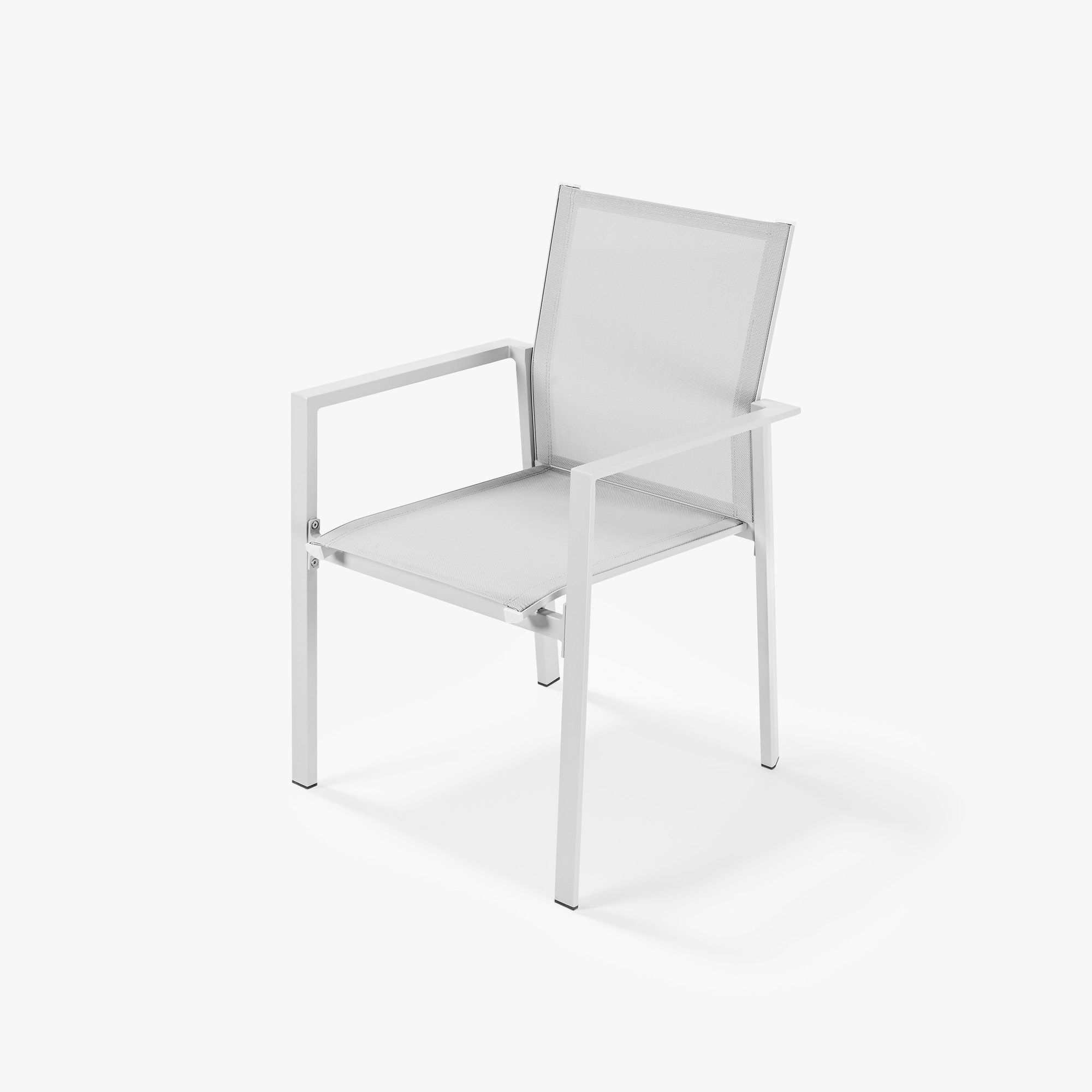 White stackable patio dining chair with full woven seat and back on white background -Seehill