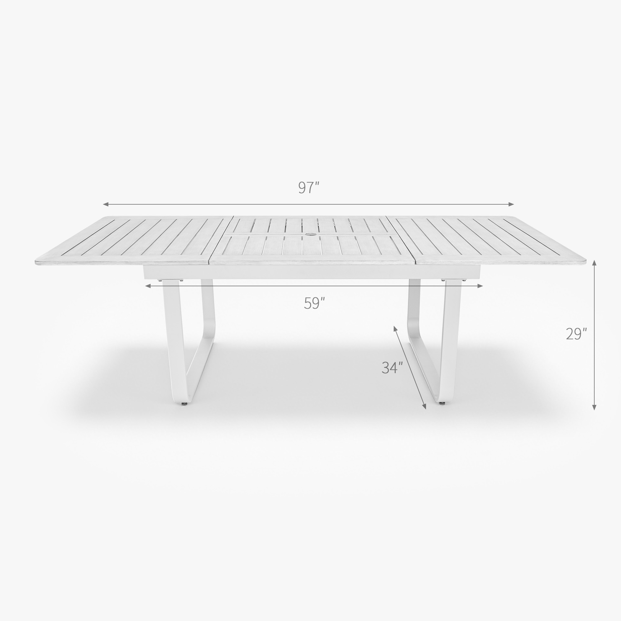 White expandable outdoor dining table with U-shaped legs and slatted top-Seehill