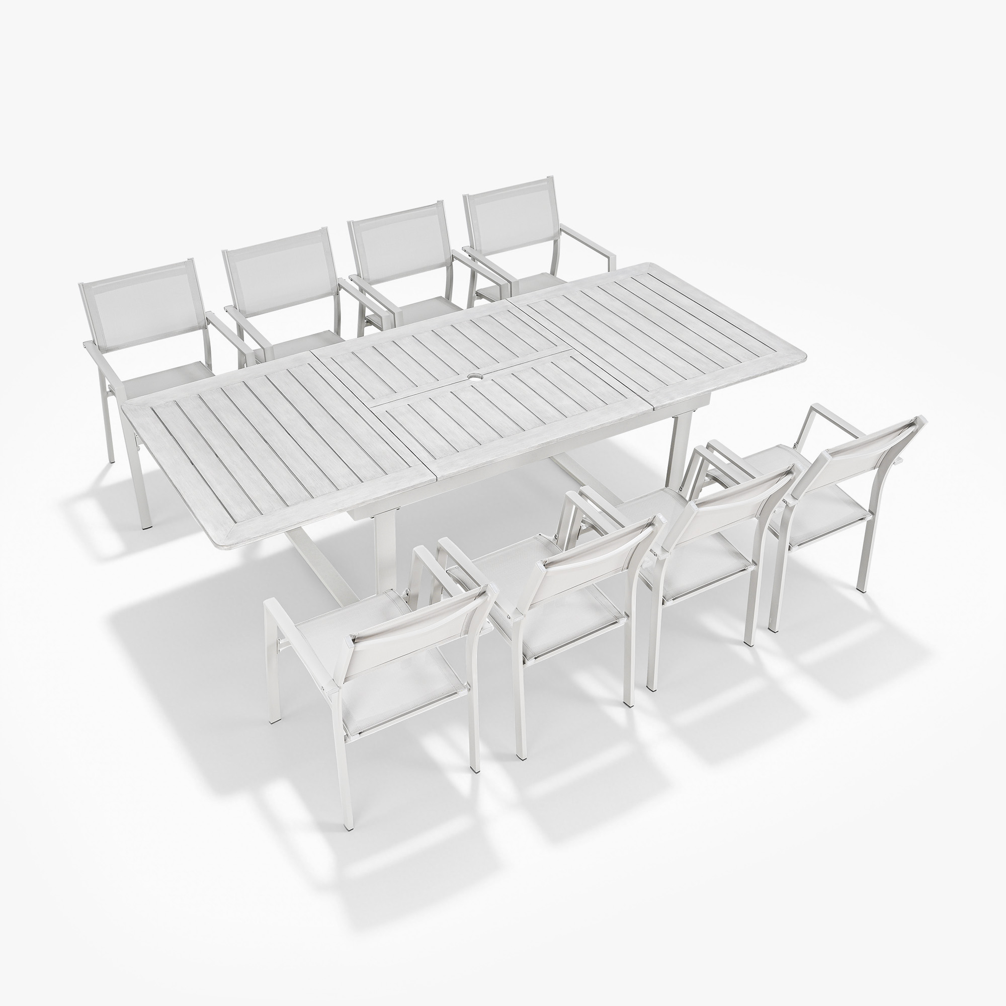 Extendable outdoor patio dining set with nine pieces including eight chairs and a large tabl-Seehill
