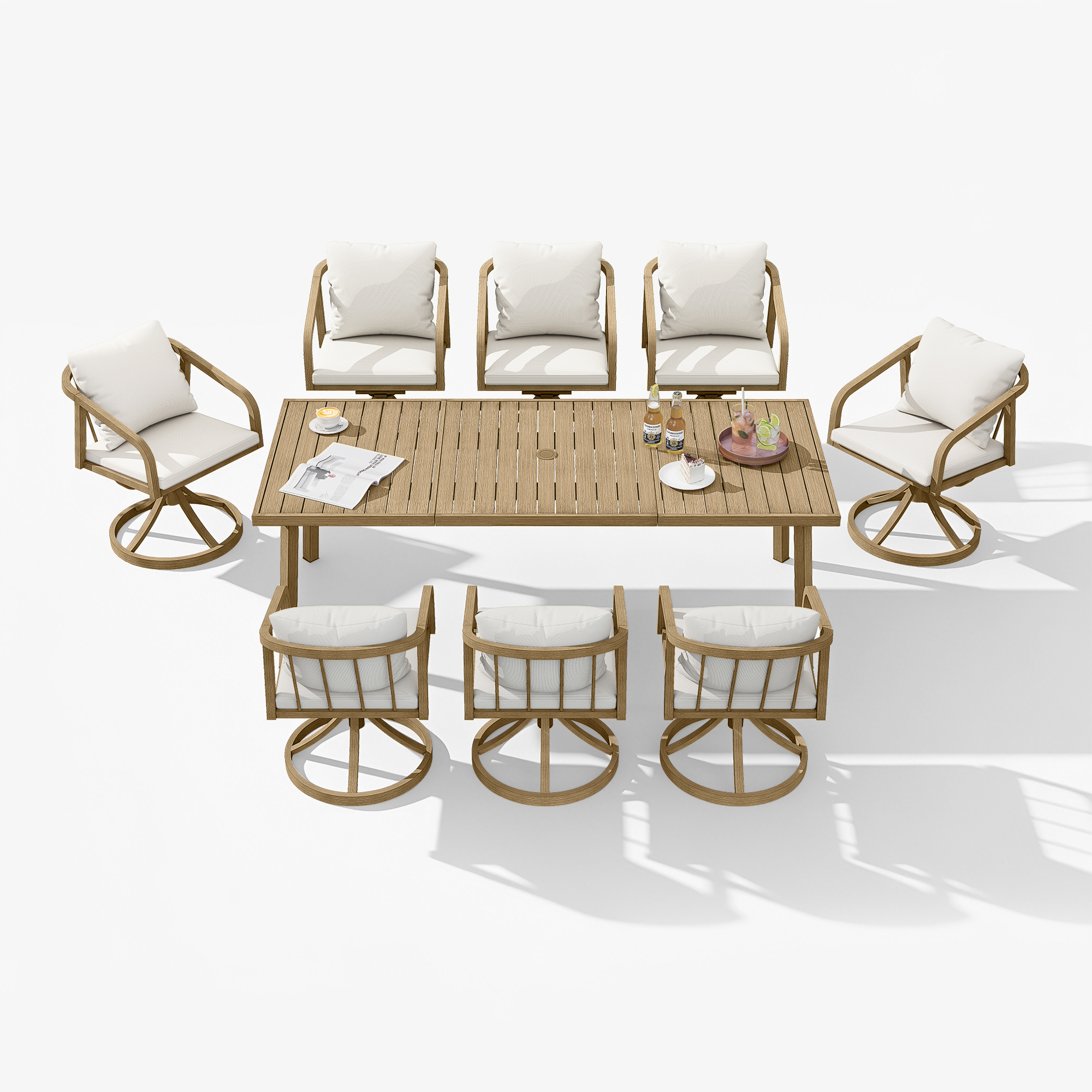 Outdoor dining set with cushioned swivel chairs and a rectangular wooden table highlighting-Seehill