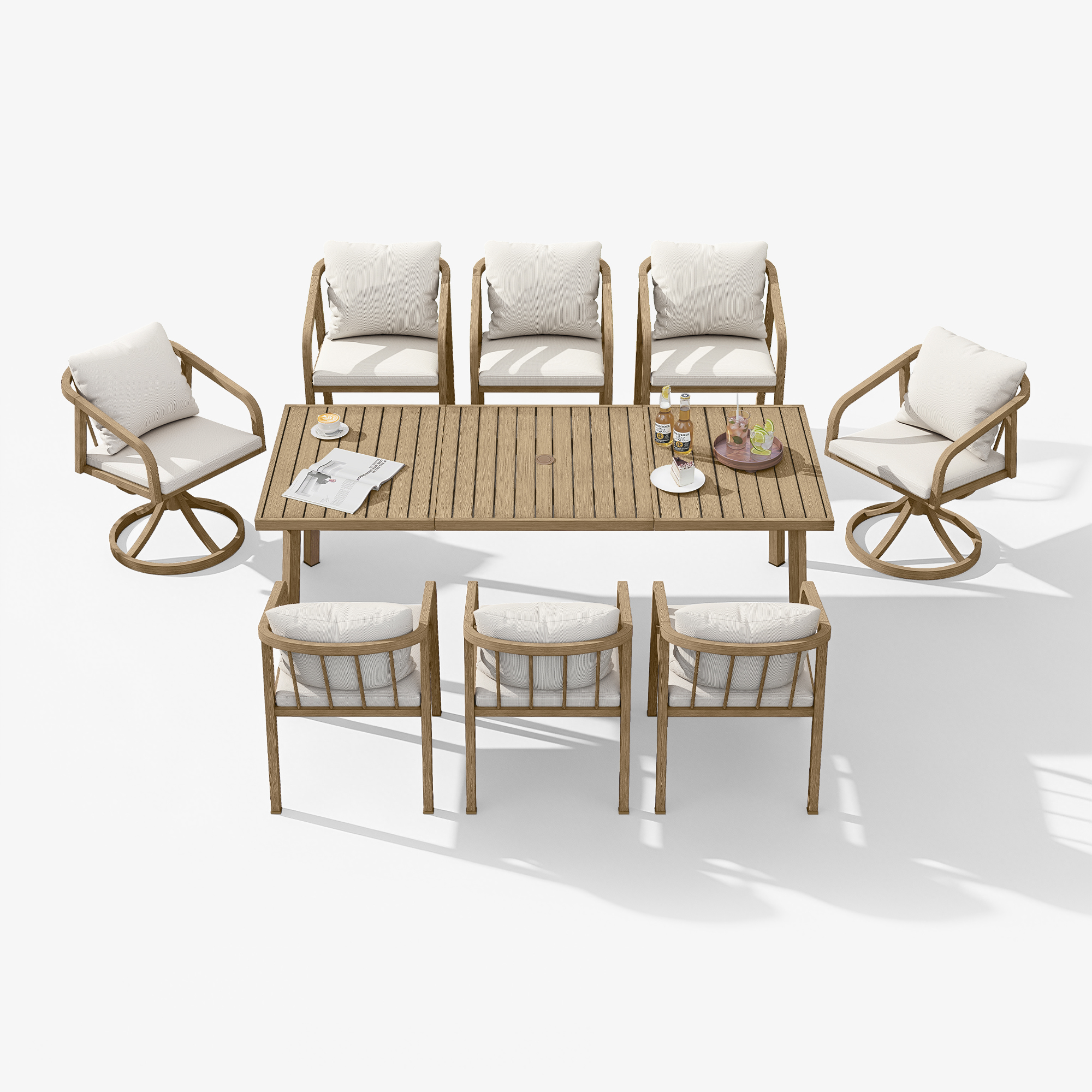 Outdoor dining set with cushioned chairs and swivel seats around a wooden table-Seehill