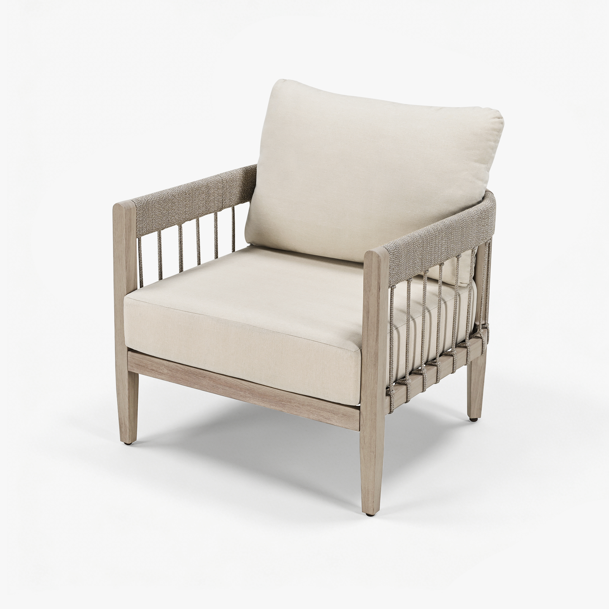 Beige cushioned outdoor armchair with faux wood grain frame and woven sides-Seehill