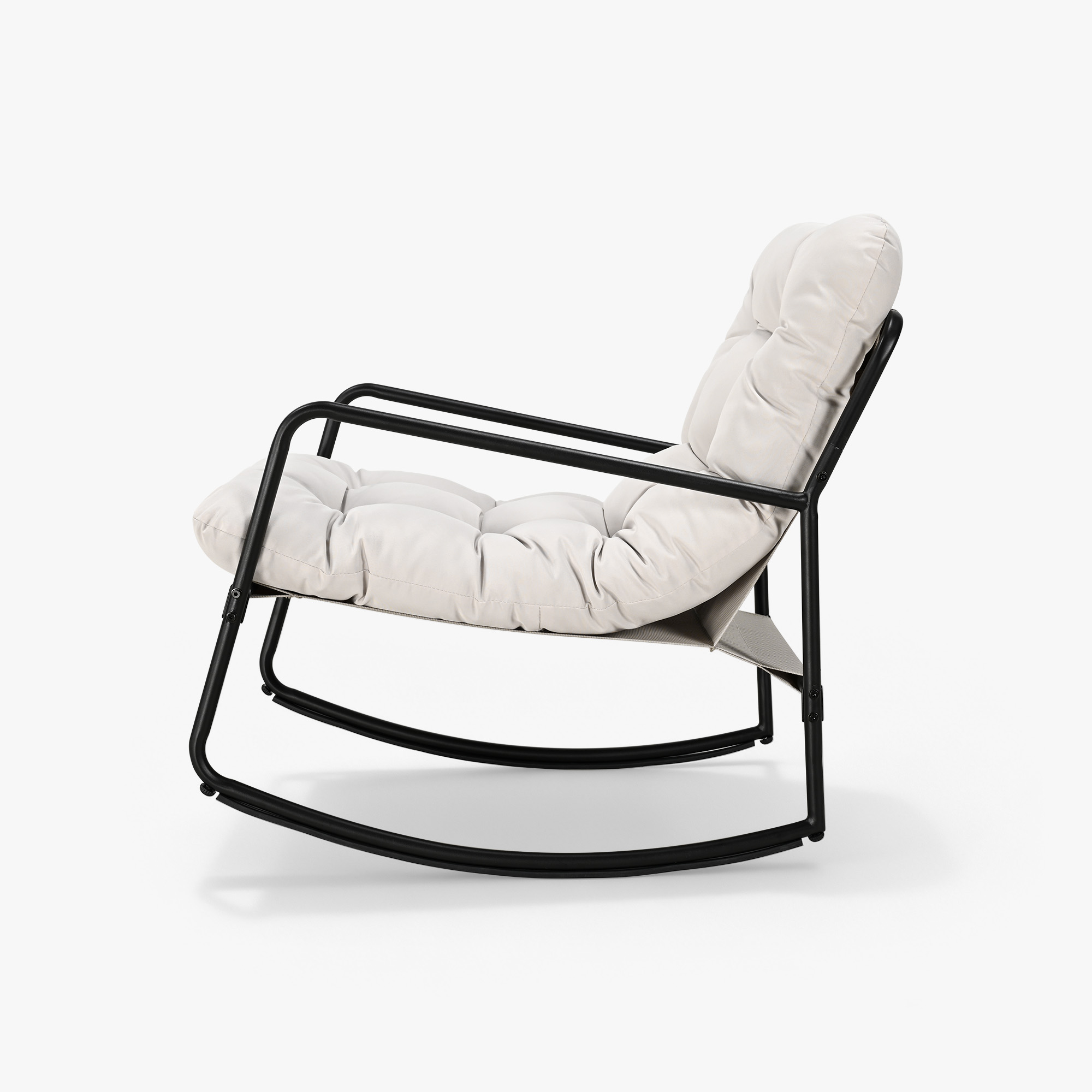 Modern patio rocking chair with black metal frame and cushioned beige seat -Seehill