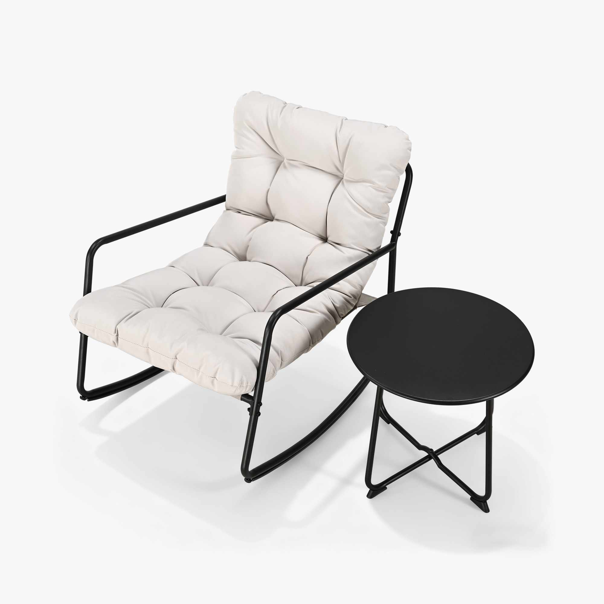 Modern patio rocking chair with plush cushions and a round metal side table beside a modern-Seehill