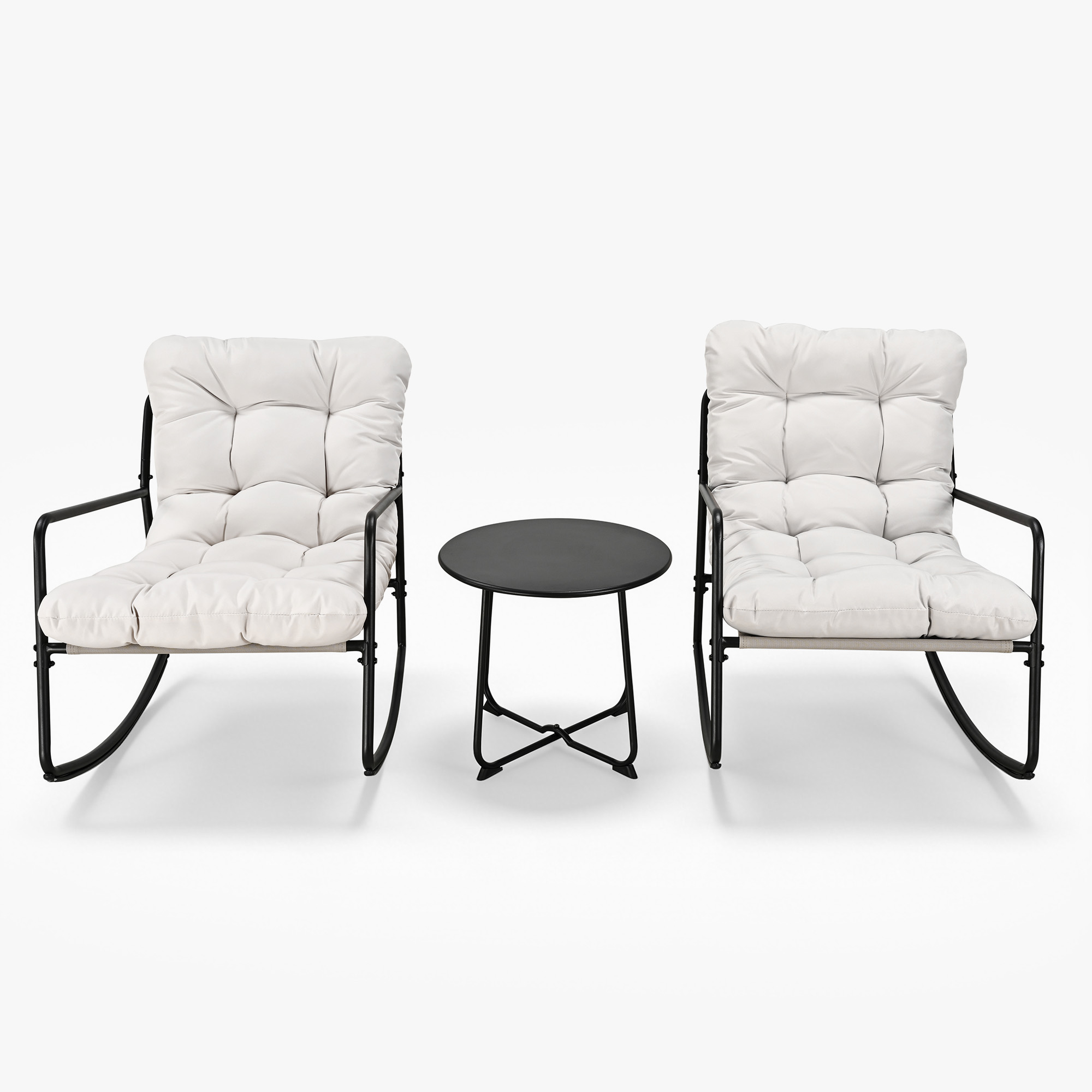 Three-piece modern patio set with metal frame rocking chairs and round side table -Seehill