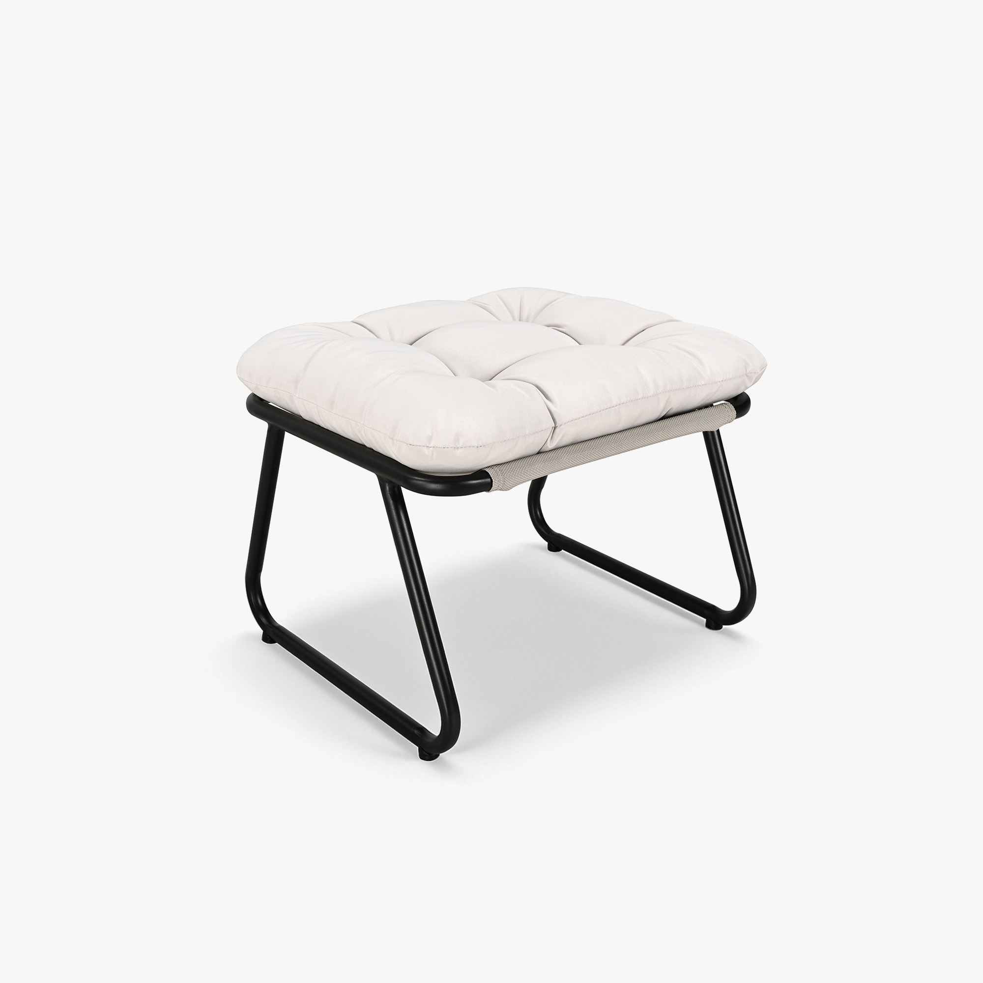Modern patio ottoman with black metal frame and tufted white cushion seat -Seehill