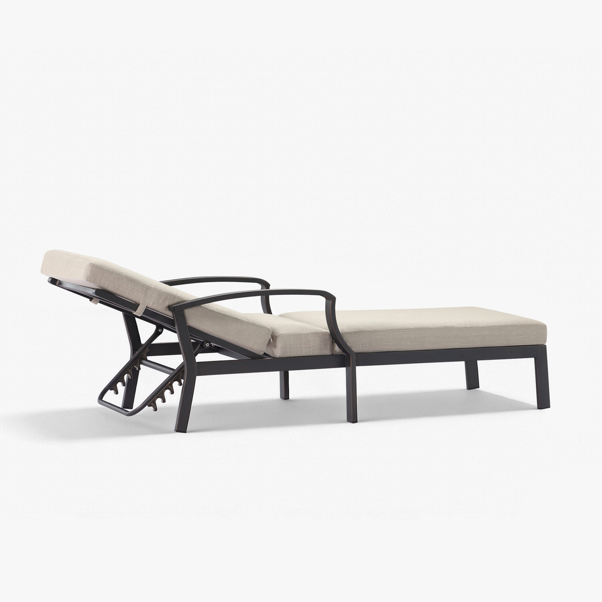 Outdoor lounge chair with adjustable backrest and beige cushions on black frame highlighting-Seehill