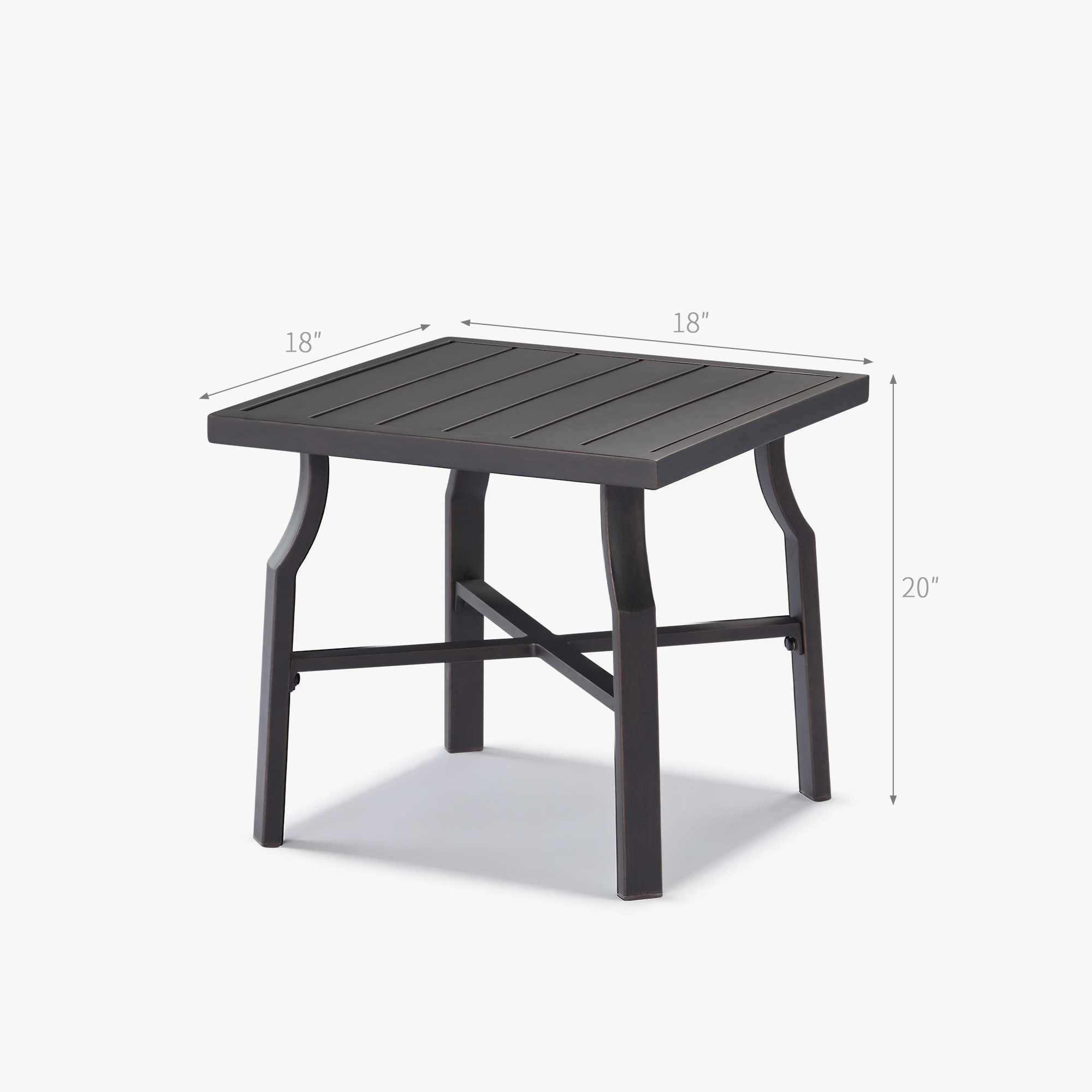 Square metal outdoor side table with slatted top and sturdy legs on white-Seehill
