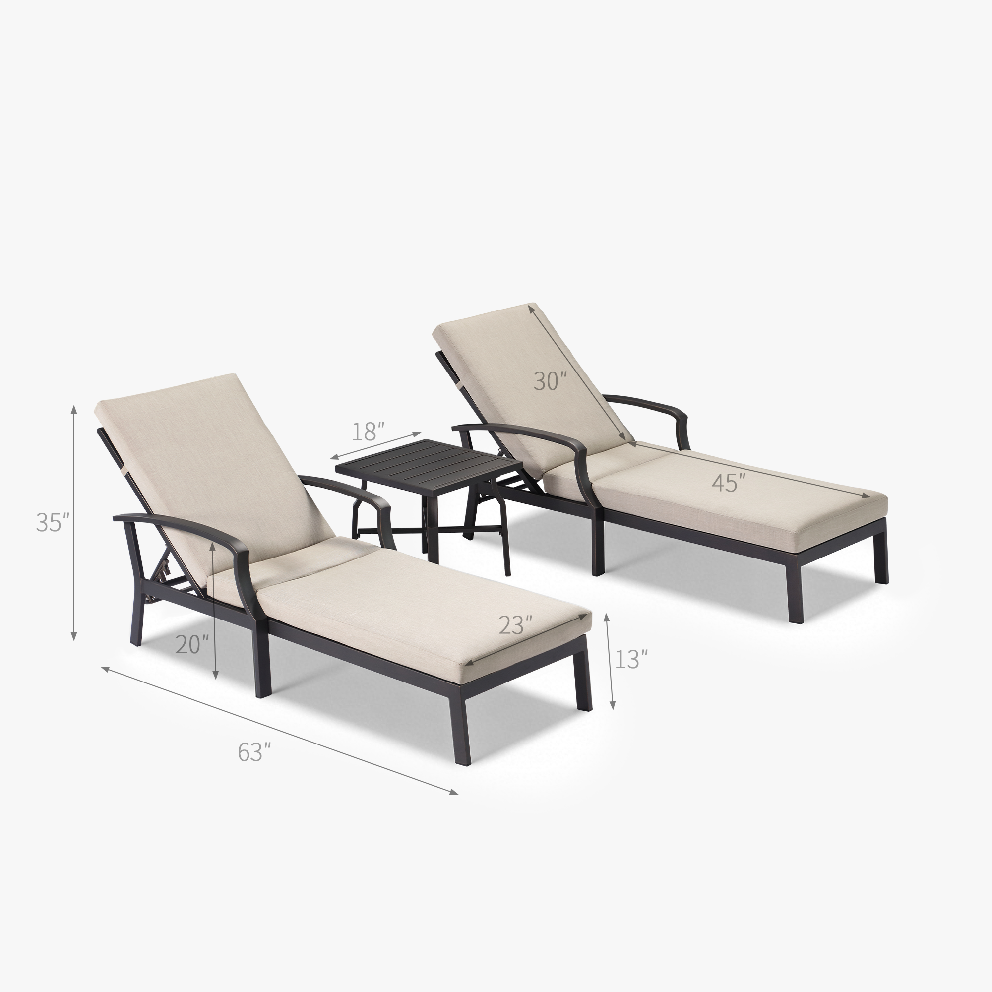 Two beige cushioned outdoor lounge chairs with adjustable backs and a small side table-Seehill