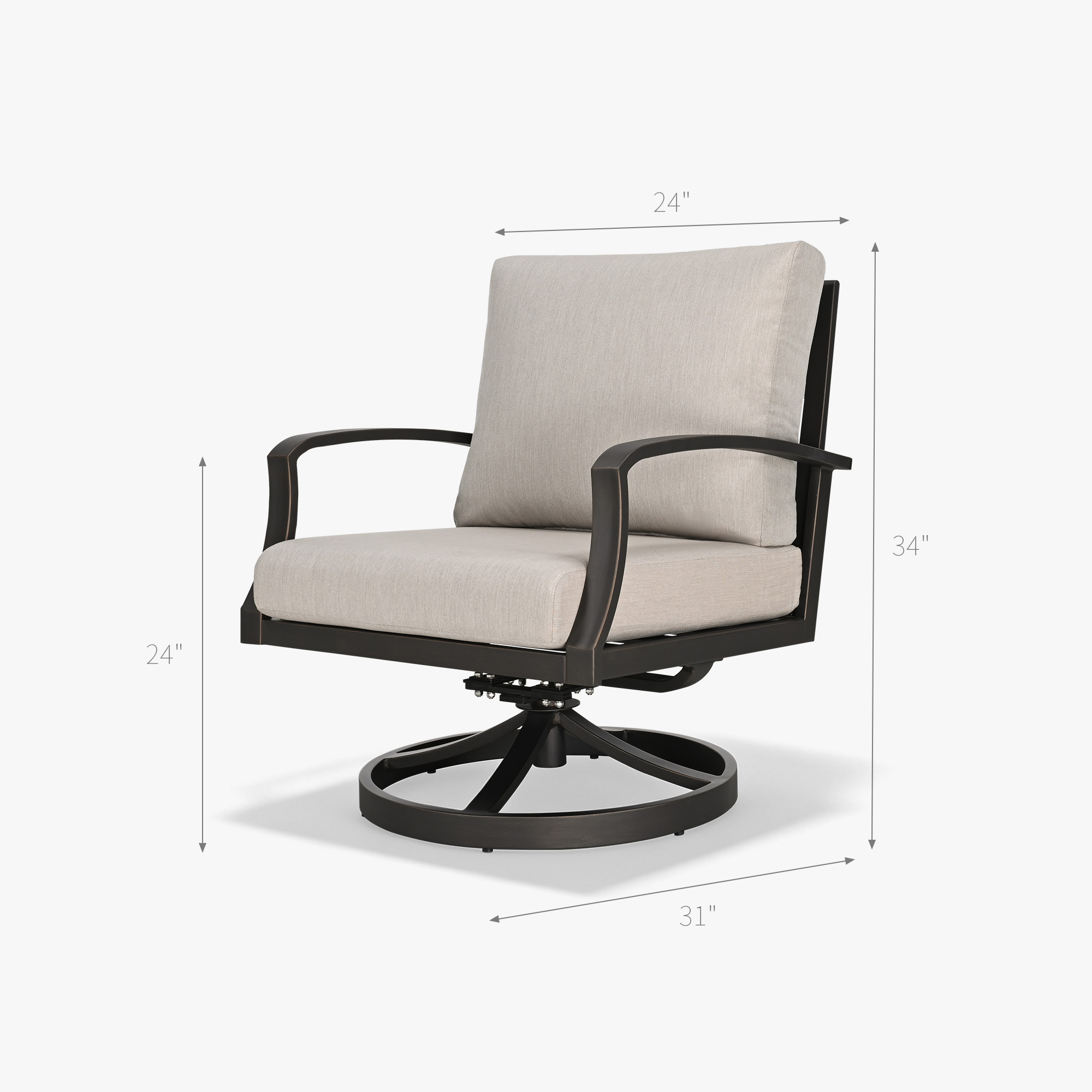 Outdoor swivel patio chair with wide seating and beige cushions on white background -Seehill