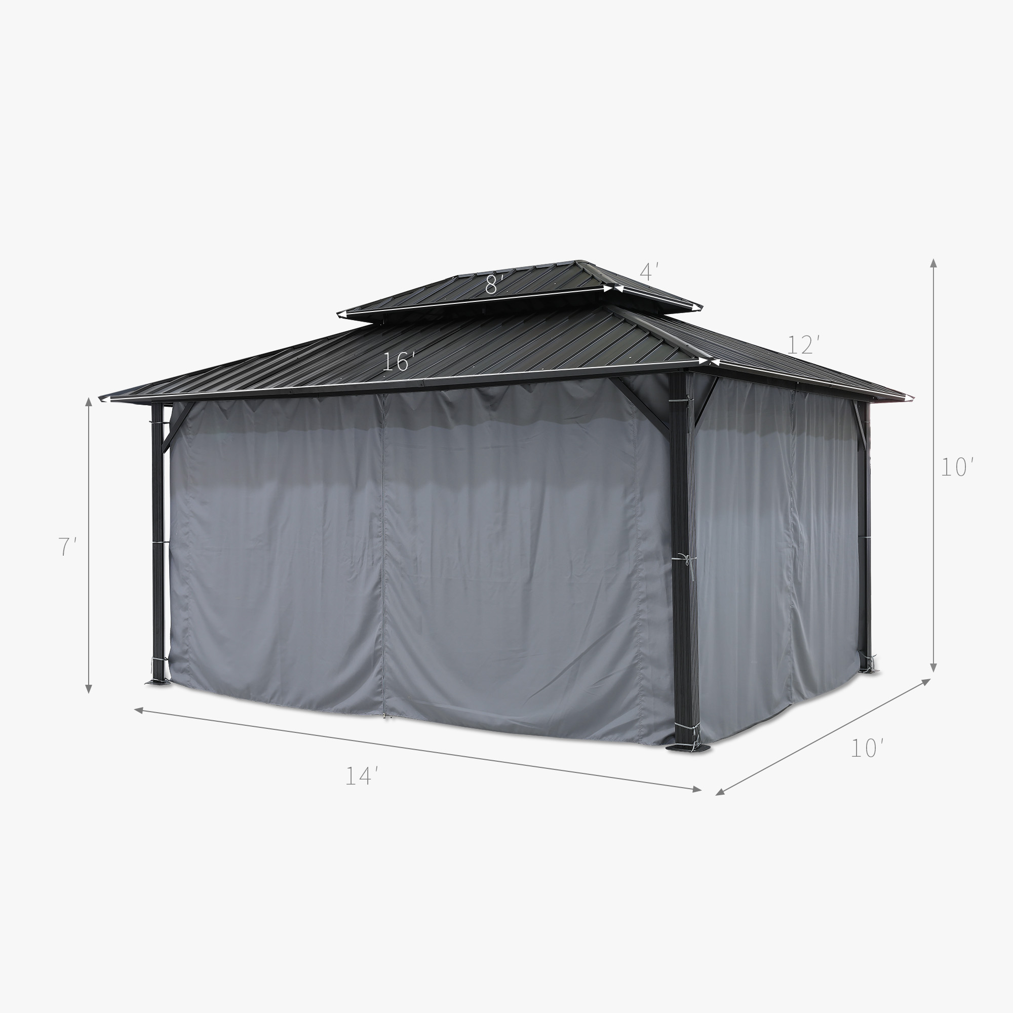 Outdoor patio hardtop gazebo with metal roof and gray privacy curtains -Seehill