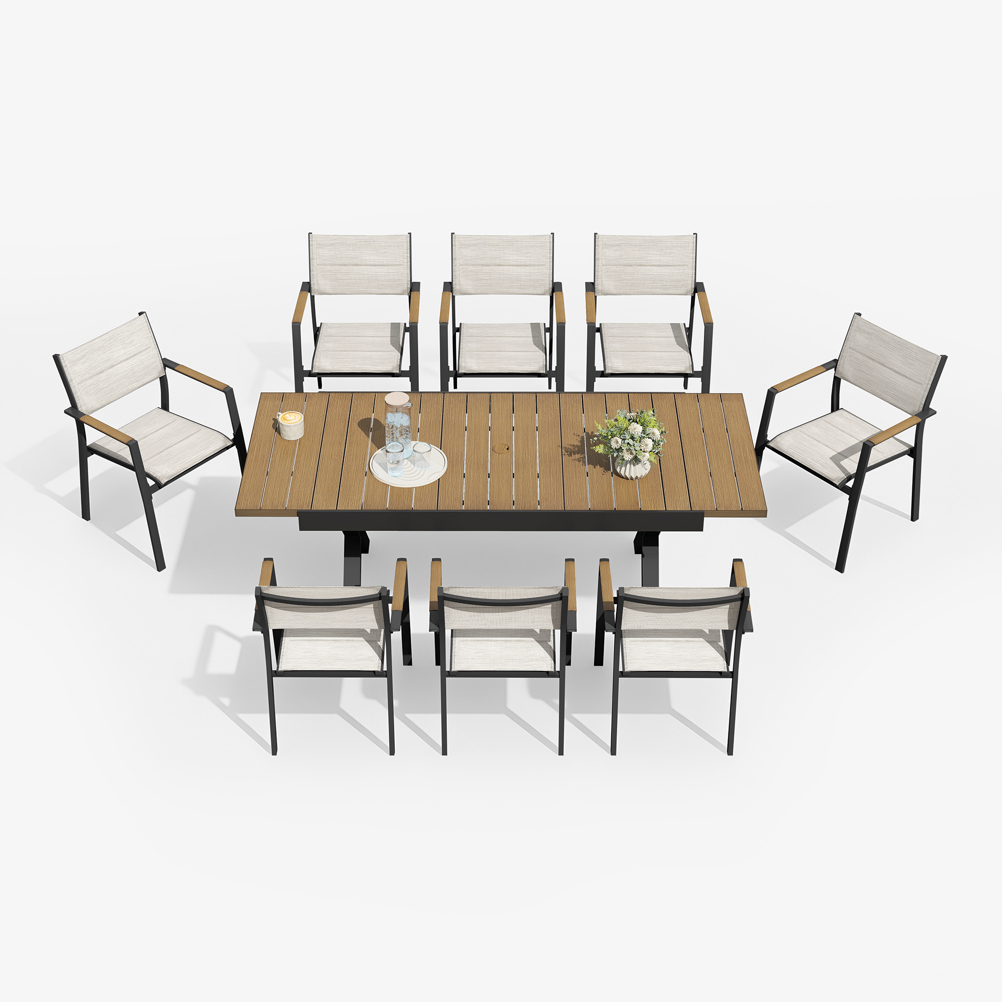 Expandable outdoor dining table with stackable chairs in light fabric and wood accents-Seehill