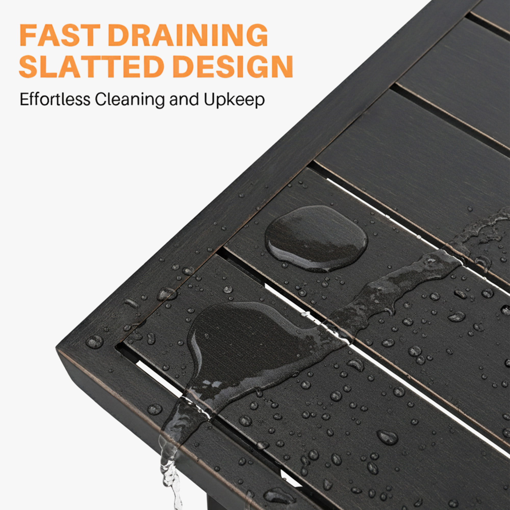 Close-up of dark slatted tabletop with water droplets showing fast draining design-Seehill