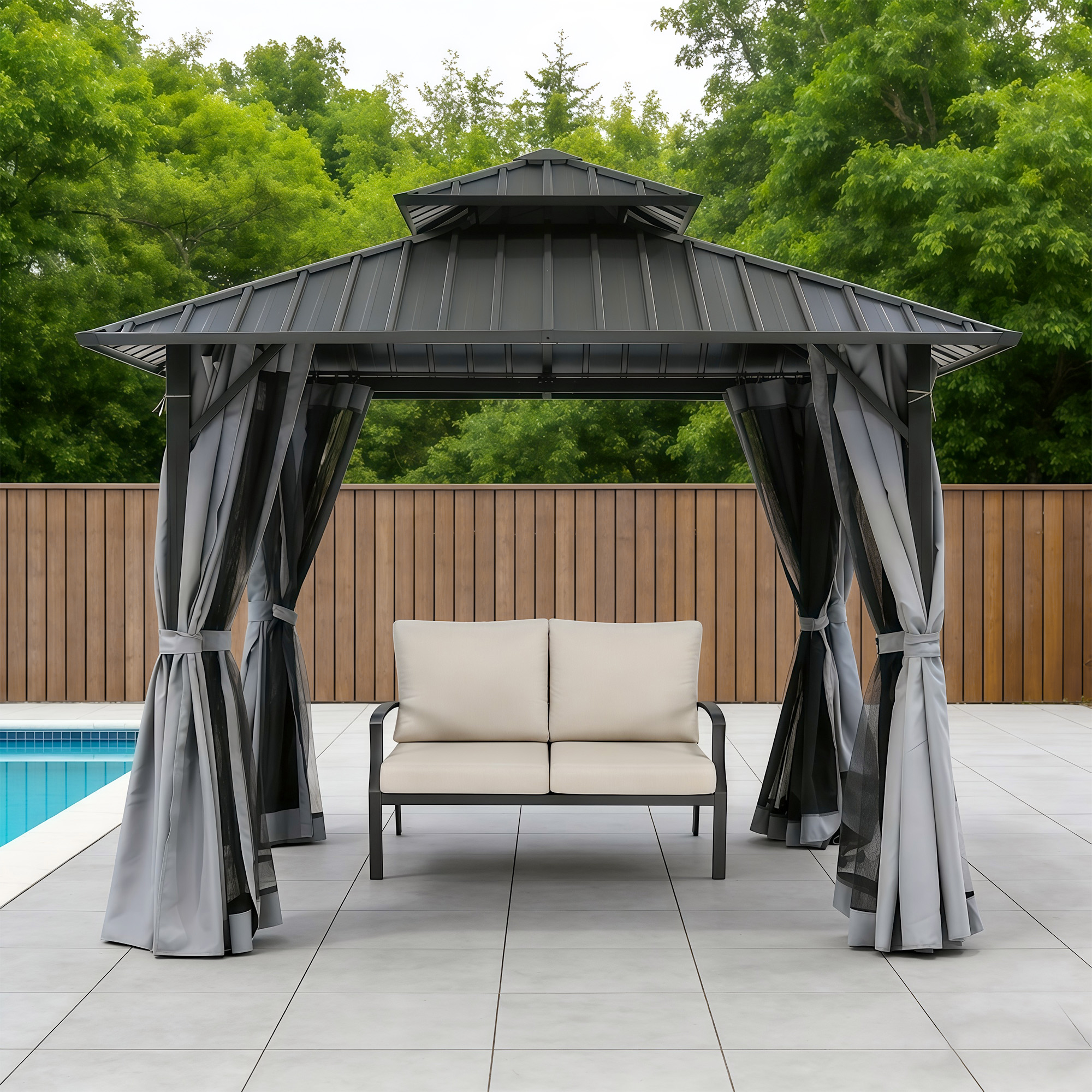 Outdoor patio hardtop gazebo with curtains and loveseat by poolside on tiled floor -Seehill