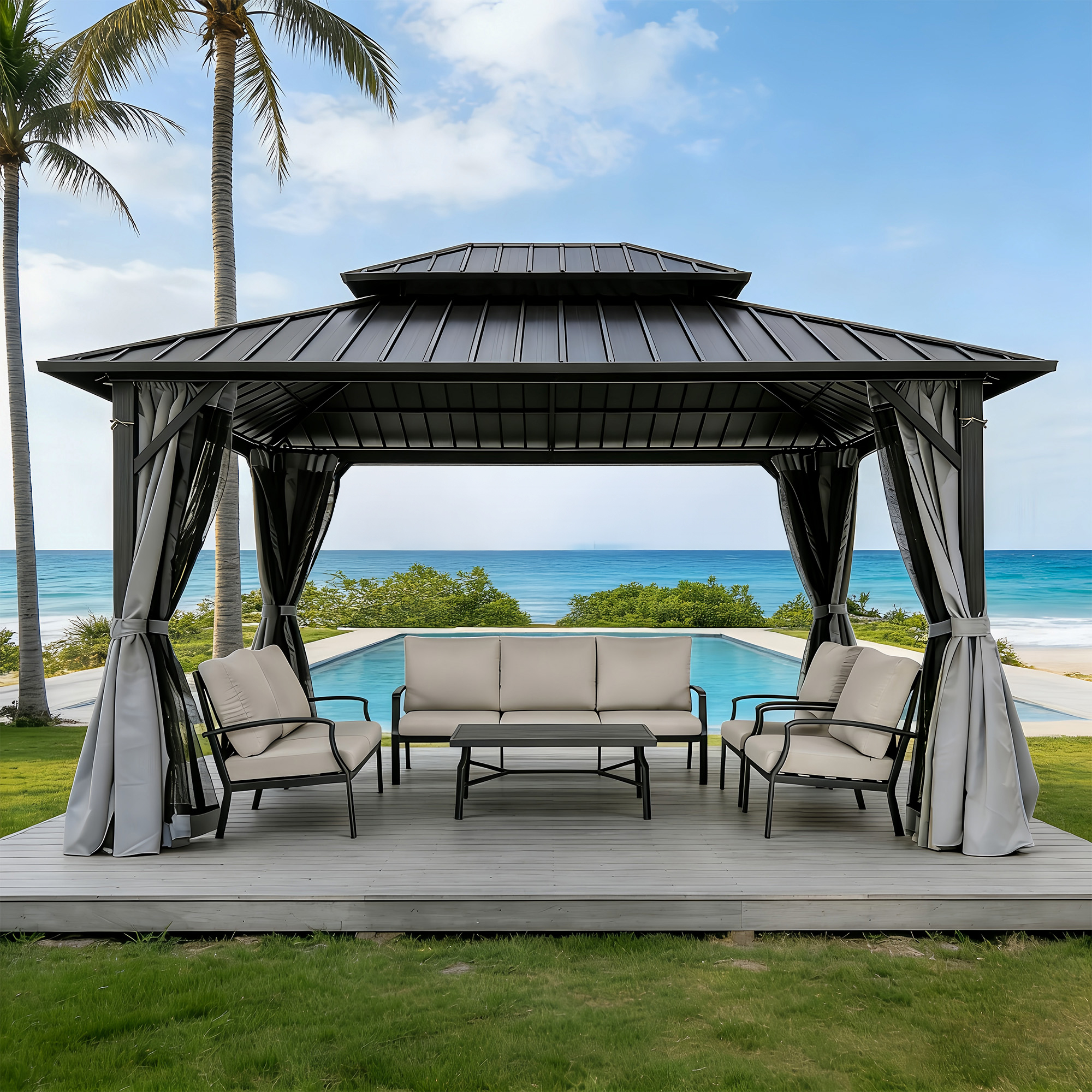 Outdoor patio hardtop gazebo with netting and cushioned seating by the poolside -Seehill