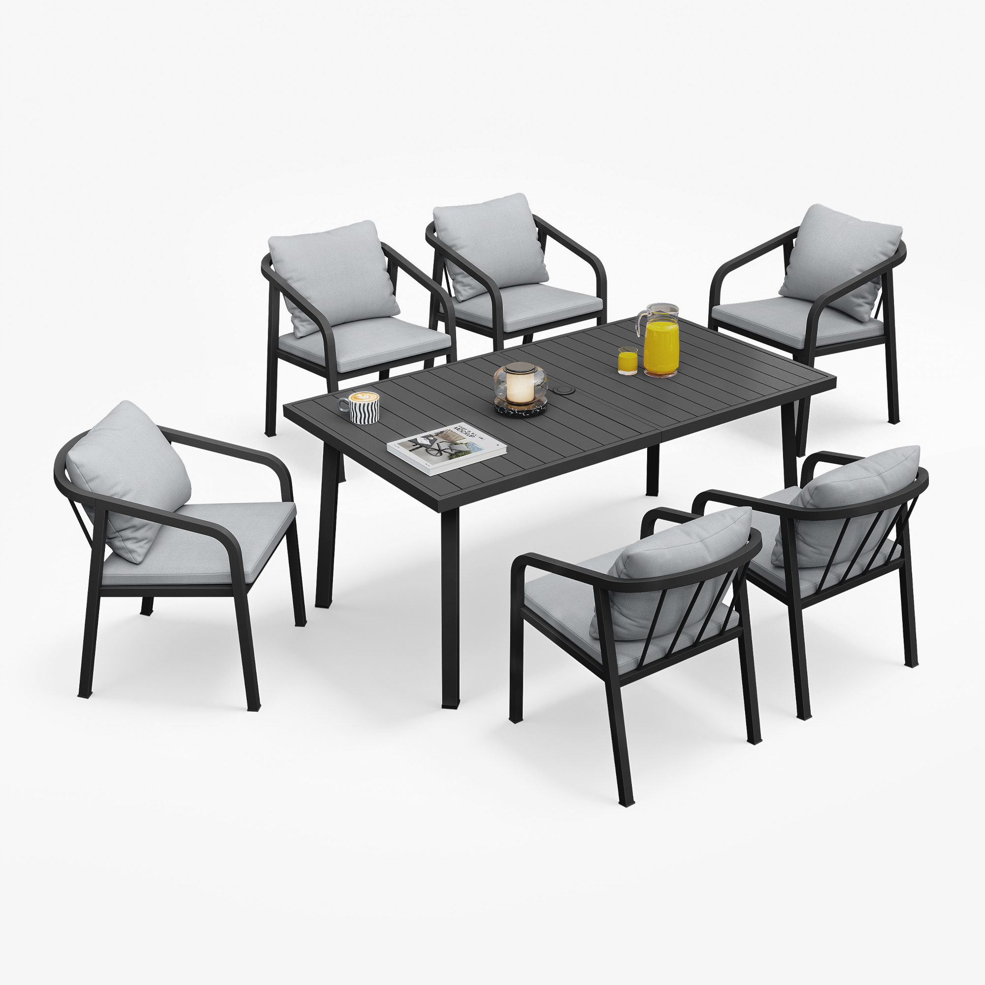 Modern seven-piece patio dining set with cushioned chairs and a rectangular table-Seehill