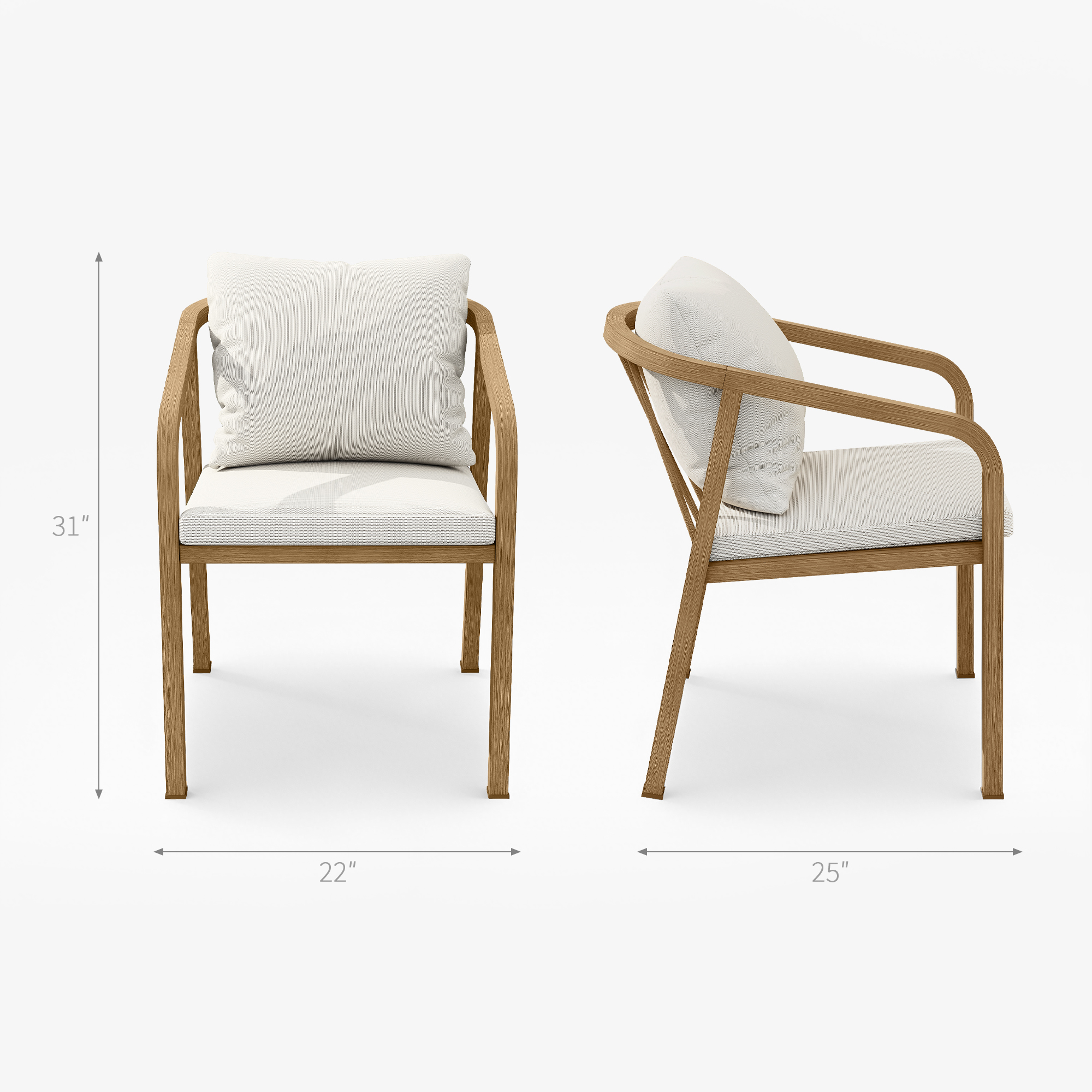 Front and side views of a wooden patio chair with white cushions on a white background -Seehill