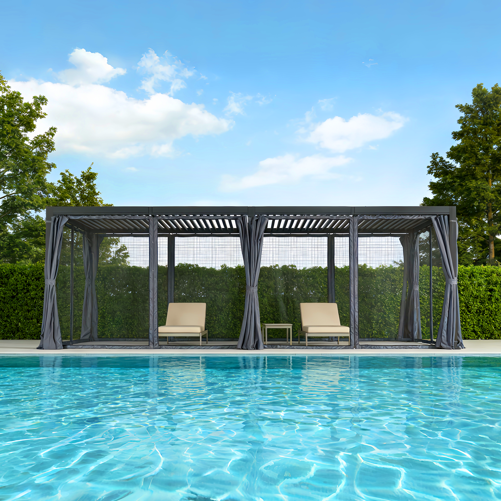 Aluminum Adjustable Louvered Pergola with Curtains and Netting
