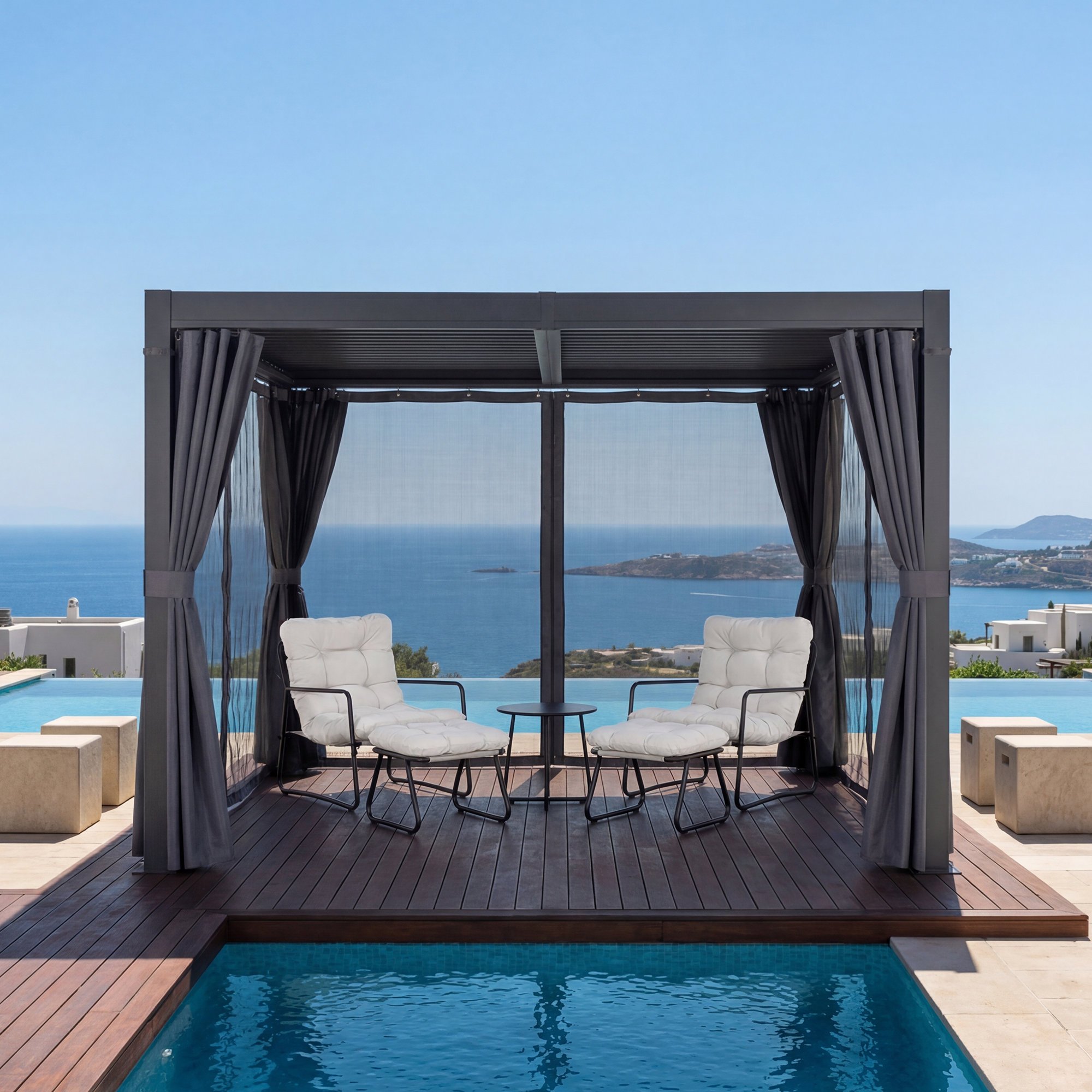 Aluminum Adjustable Louvered Pergola with Curtains and Netting