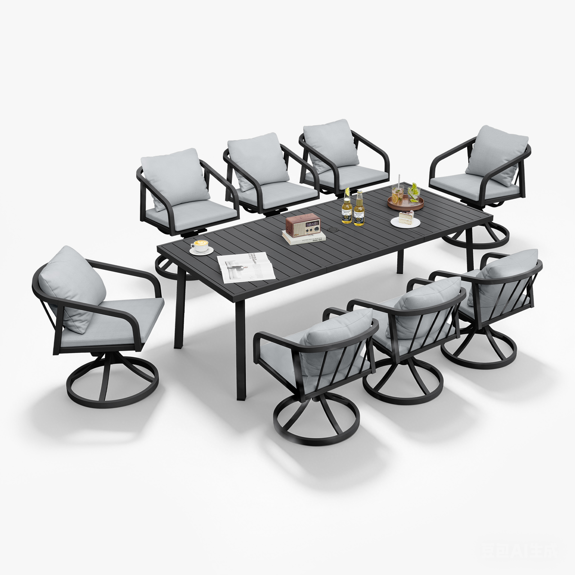 Outdoor dining set with eight swivel chairs and a rectangular table on white background-Seehill