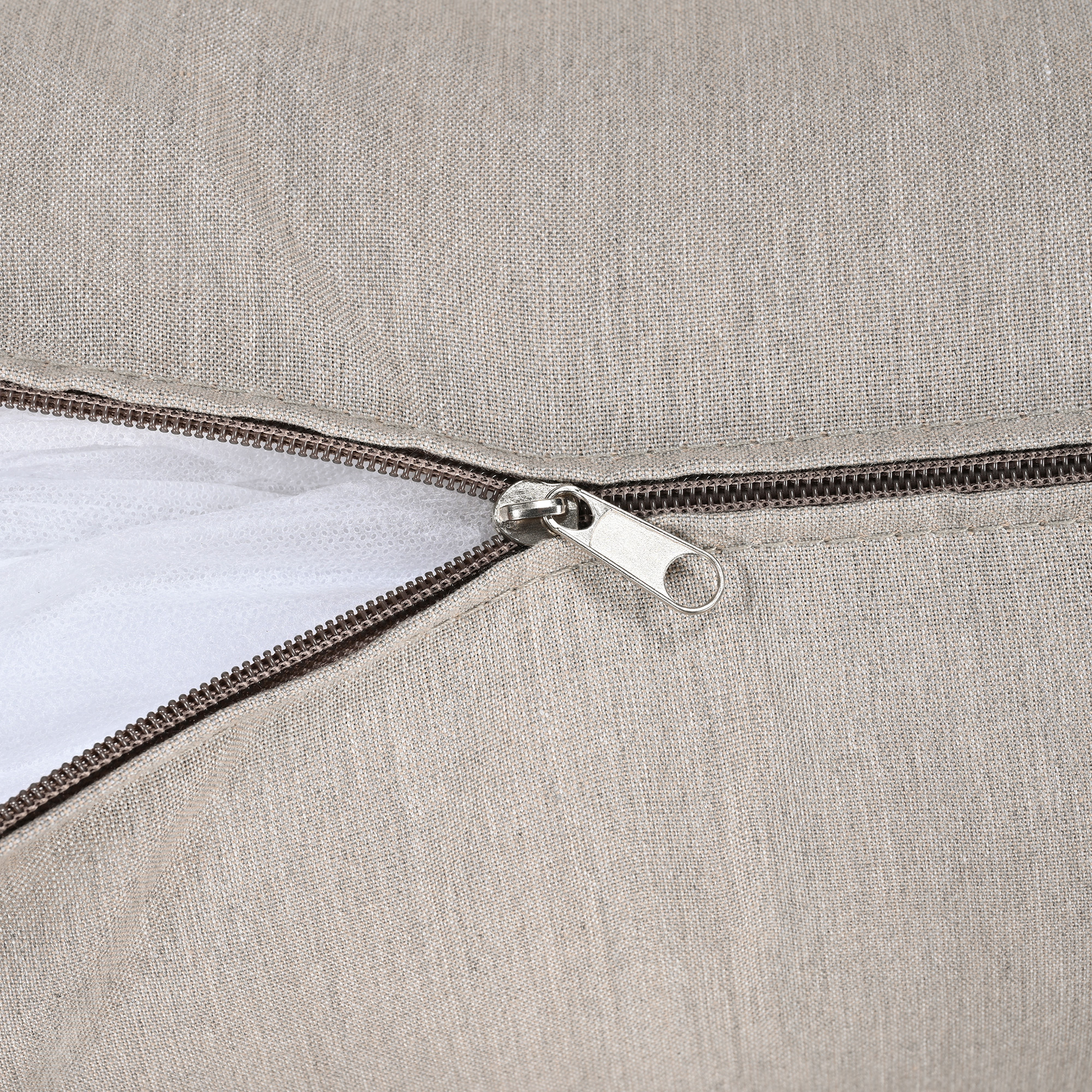 Close-up of beige fabric cushion with zipper detail on outdoor swivel sofa chair-Seehill