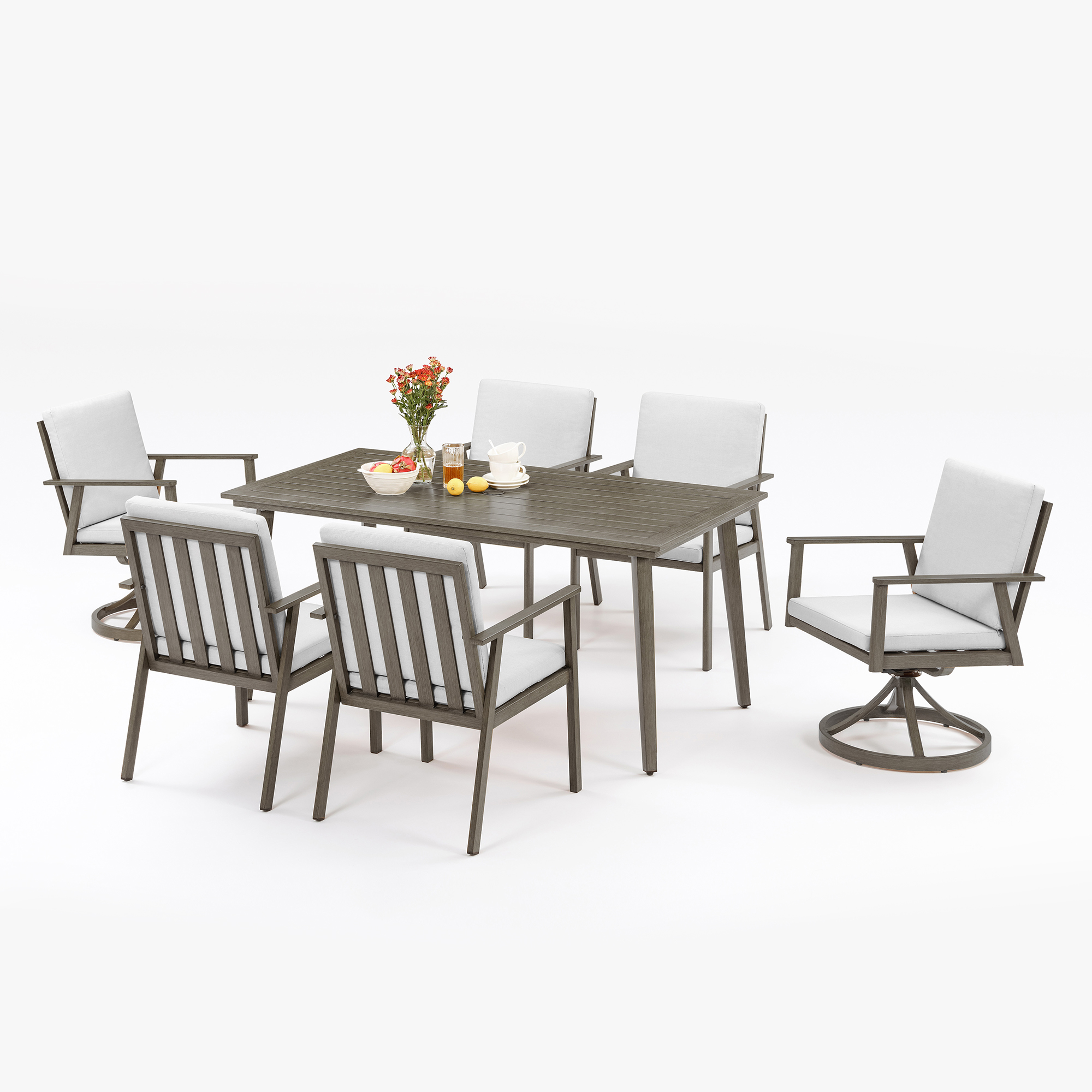Modern aluminum outdoor patio dining set featuring all-weather swivel chairs and an umbrella hole for dining. - Seehill