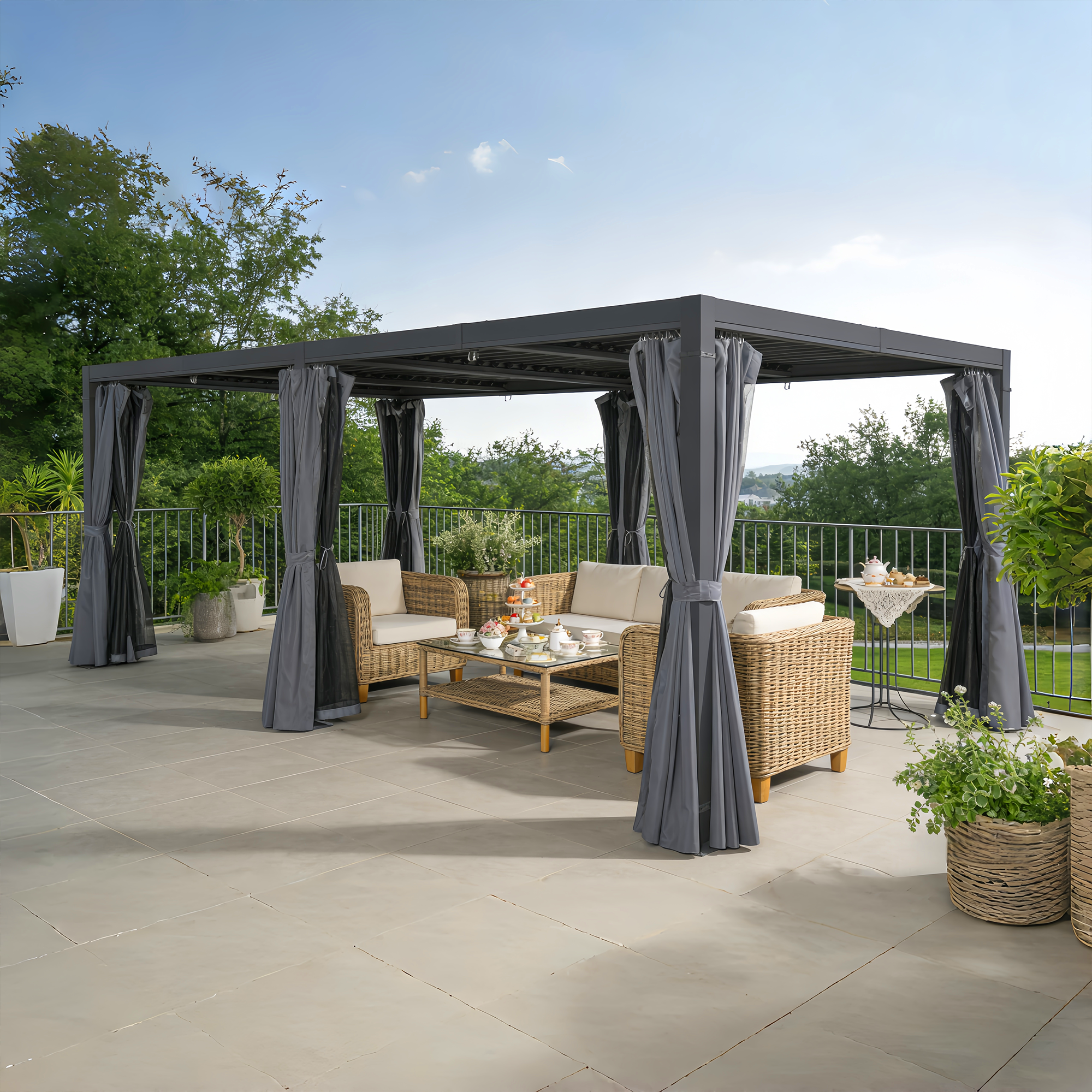 Aluminum Adjustable Louvered Pergola with Curtains and Netting