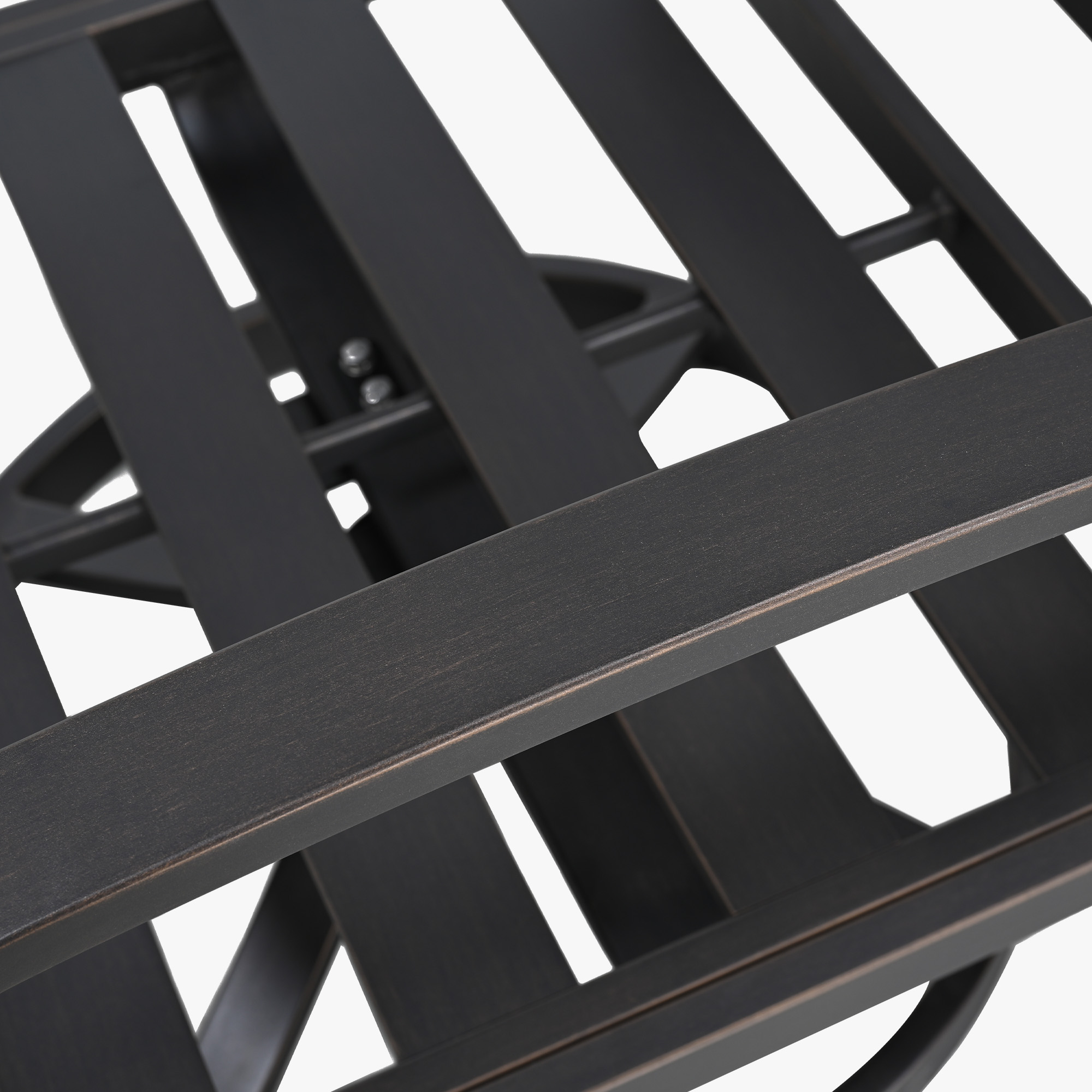 Close-up of dark metal frame and swivel mechanism on outdoor patio sofa chair-Seehill