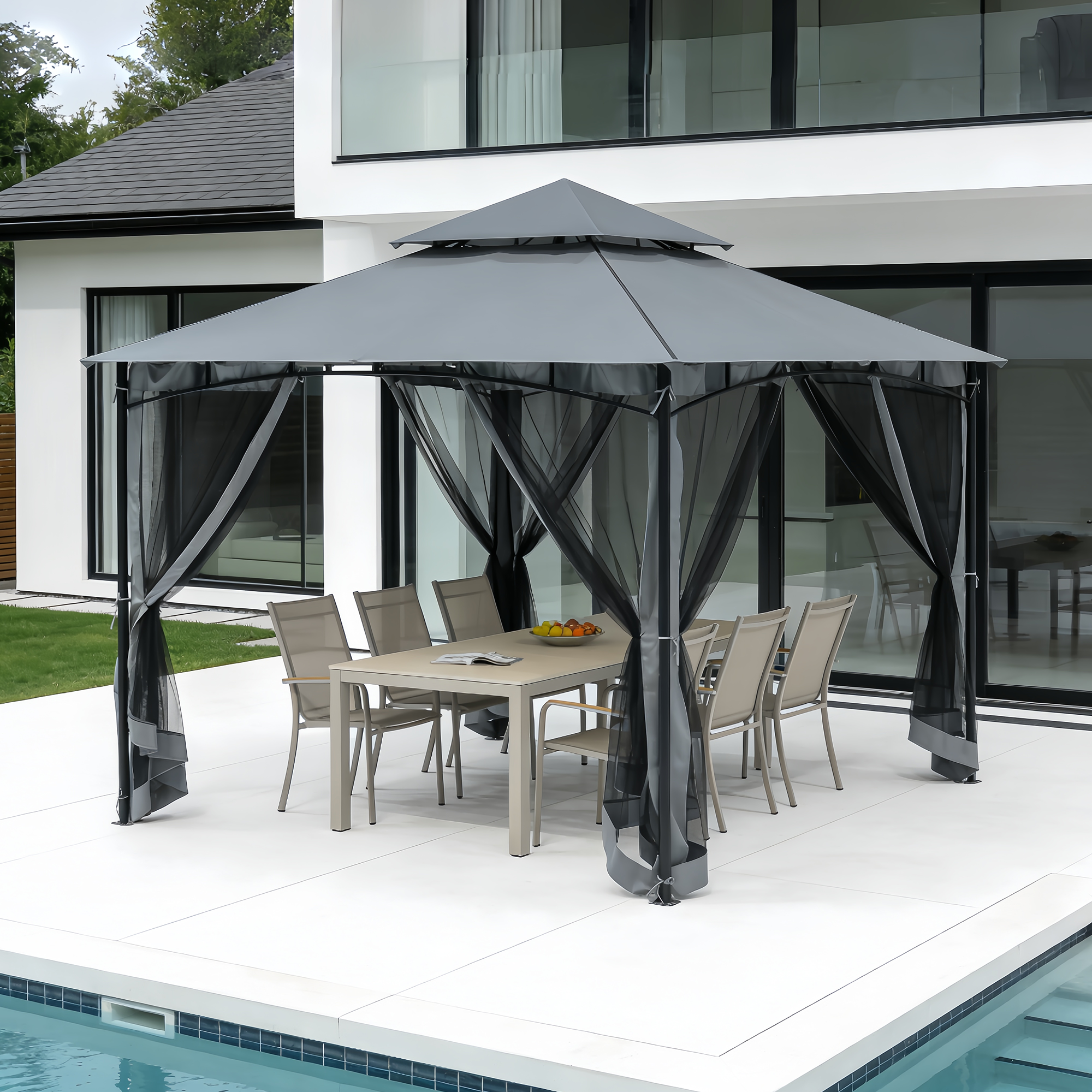 Outdoor Steel Frame Patio Gazebo with Double Roofs - P081