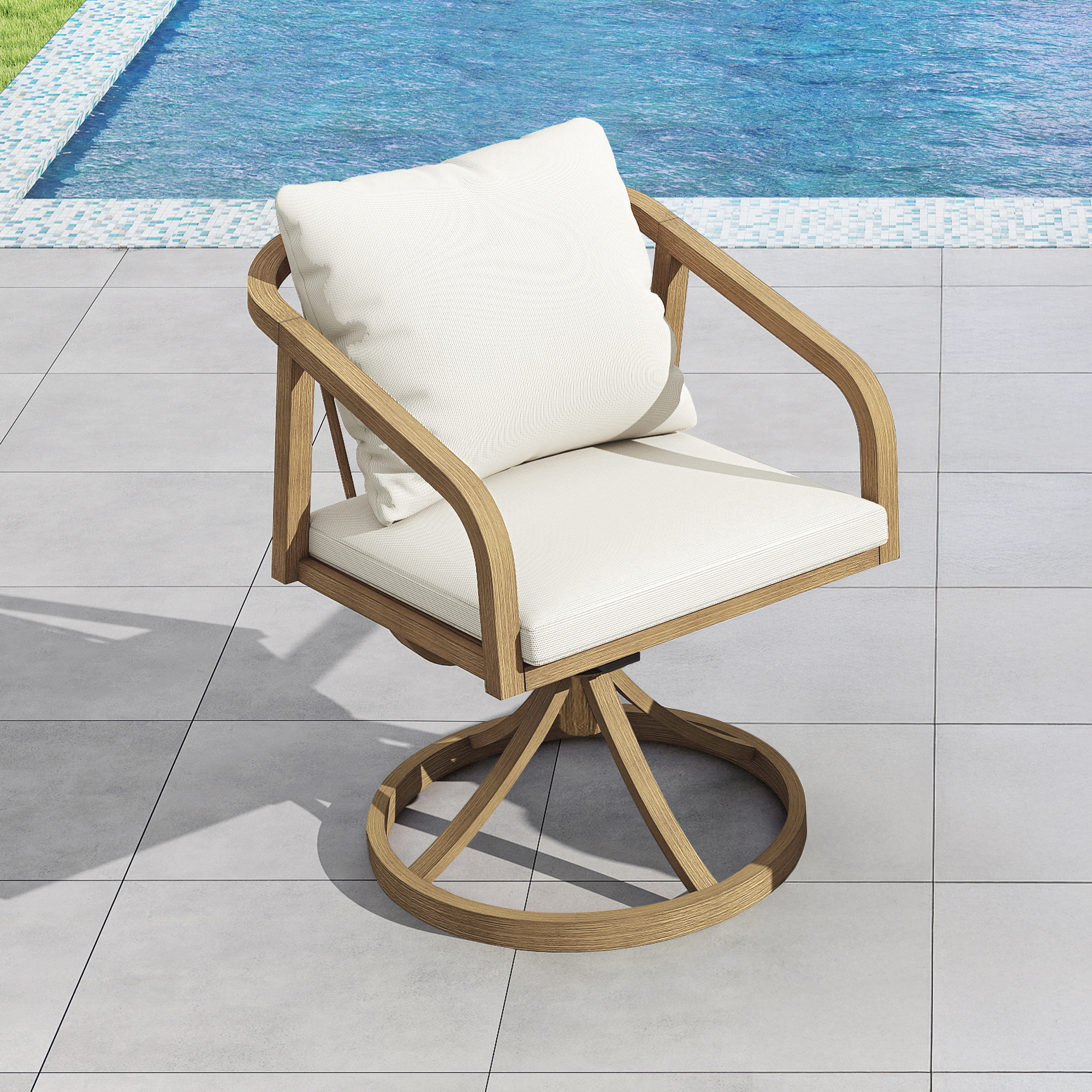 Swivel patio chair with wooden frame and white cushions by the poolside on tiles-Seehill