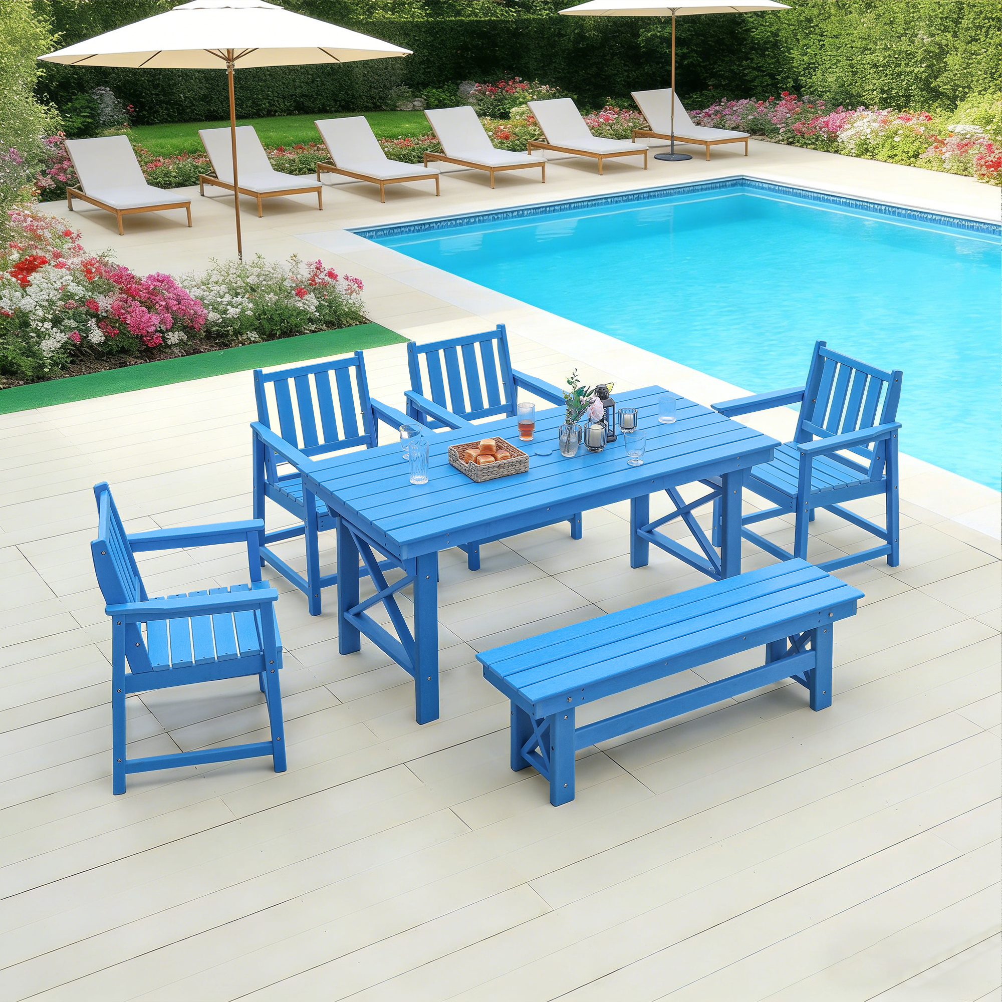 6-Piece HDPE Patio Outdoor Dining Set with 4 Chairs and 1 Bench - DS076-2
