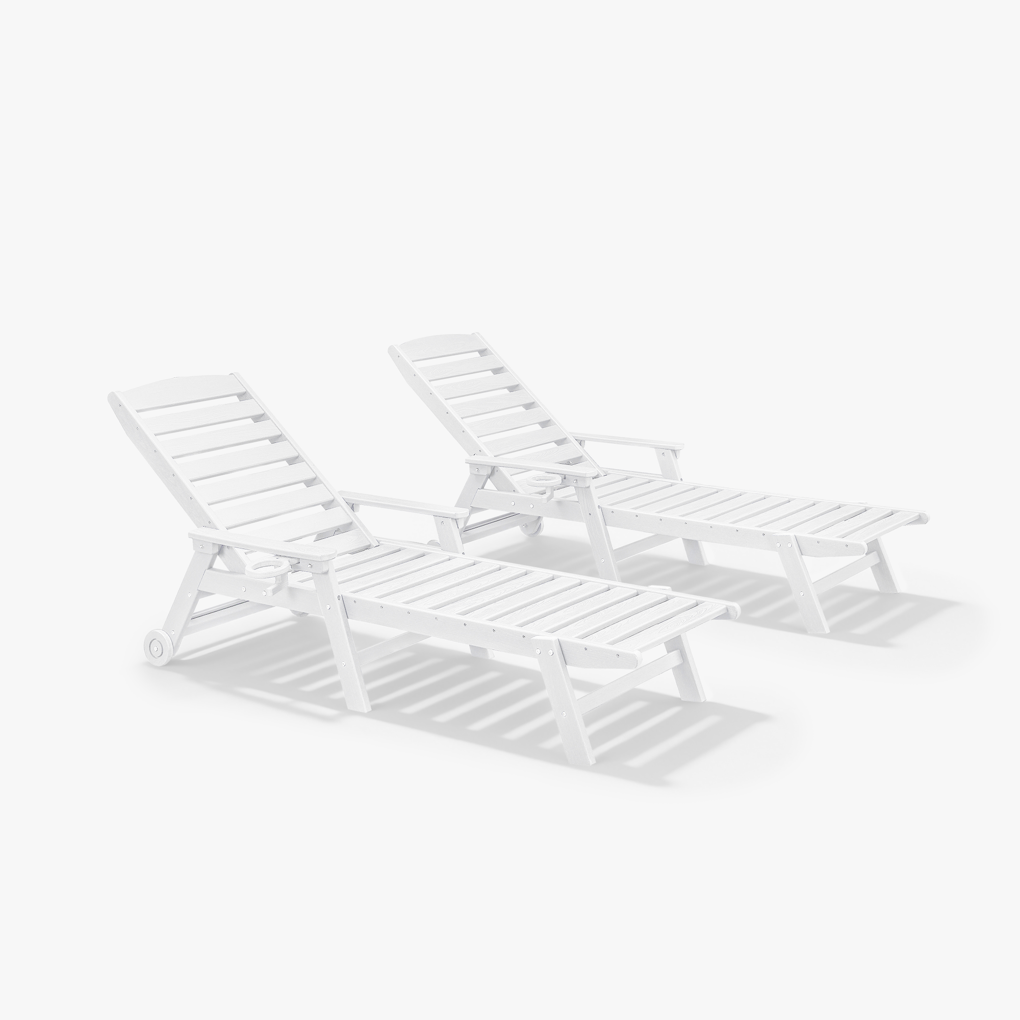 Two white adjustable outdoor lounge chairs with slatted design and armrests on white backgro-Seehill