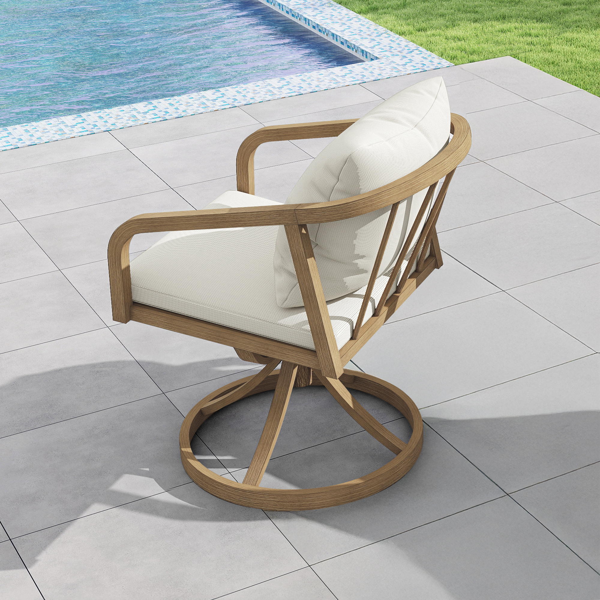 Outdoor swivel patio chair with cushioned seat and wooden frame near poolside-Seehill