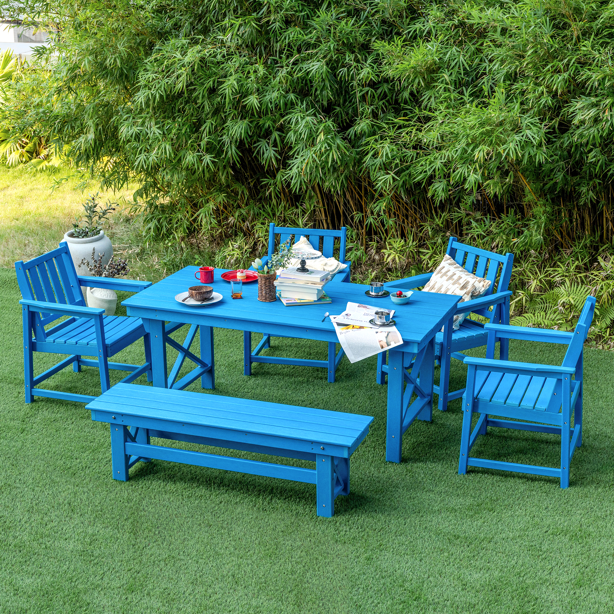 6-Piece HDPE Patio Outdoor Dining Set with 4 Chairs and 1 Bench - DS076-2