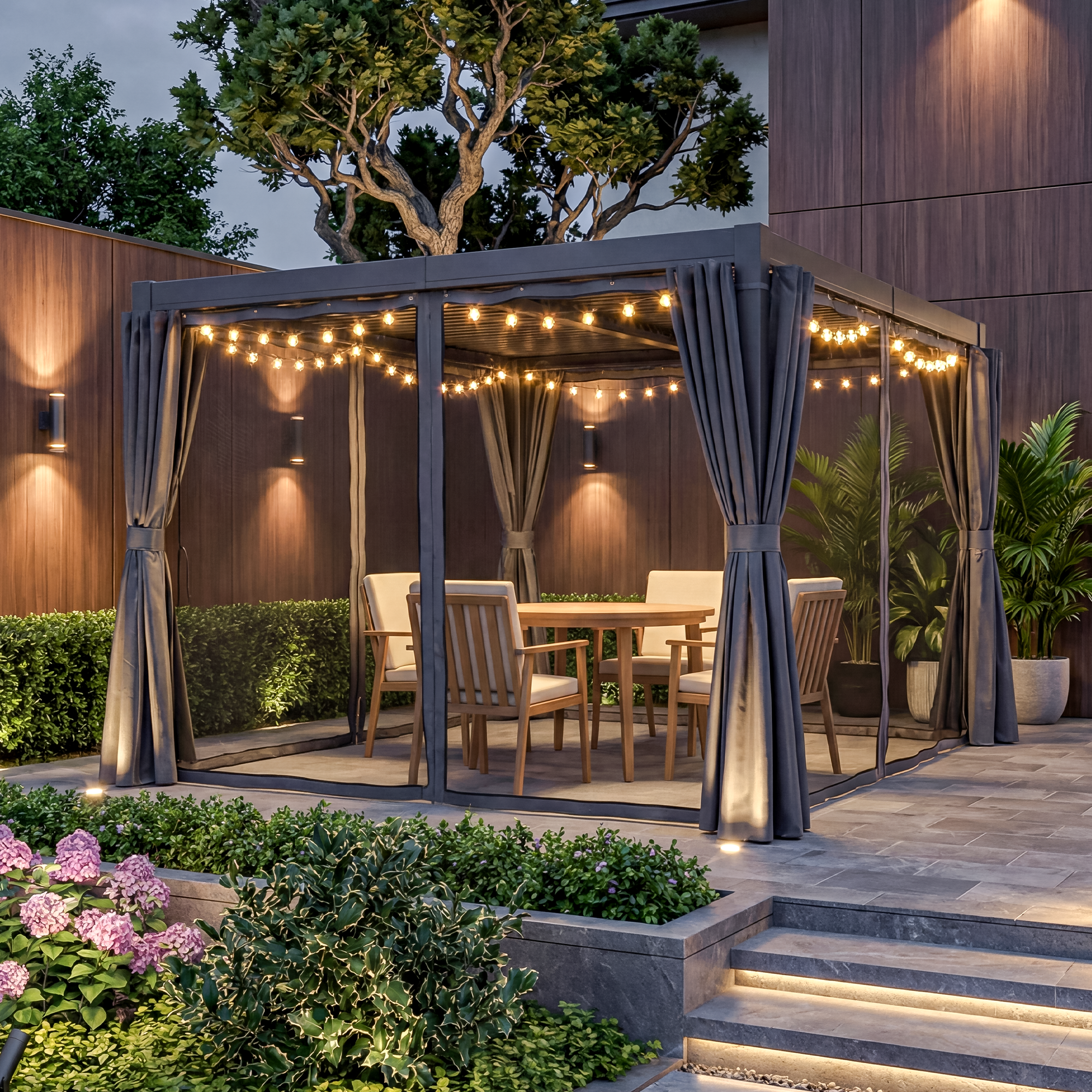 Aluminum Adjustable Louvered Pergola with Curtains and Netting