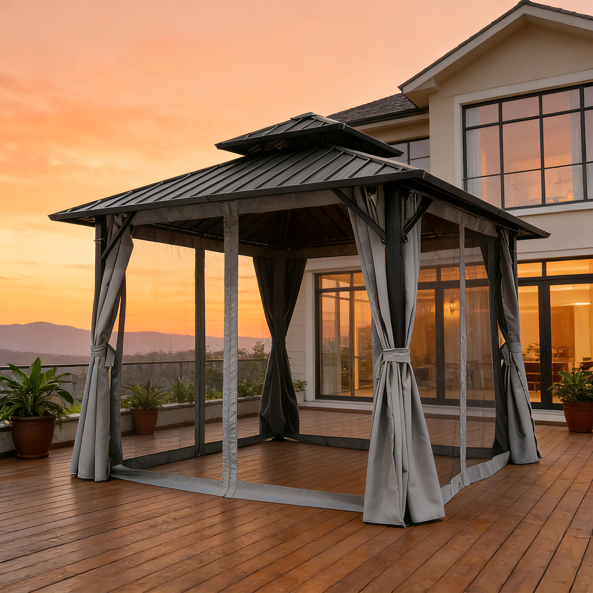 Outdoor patio hardtop gazebo with netted sides on wooden deck at sunset-Seehill